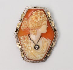 Antique Shell Cameo with Diamond Accent Brooch Pendant