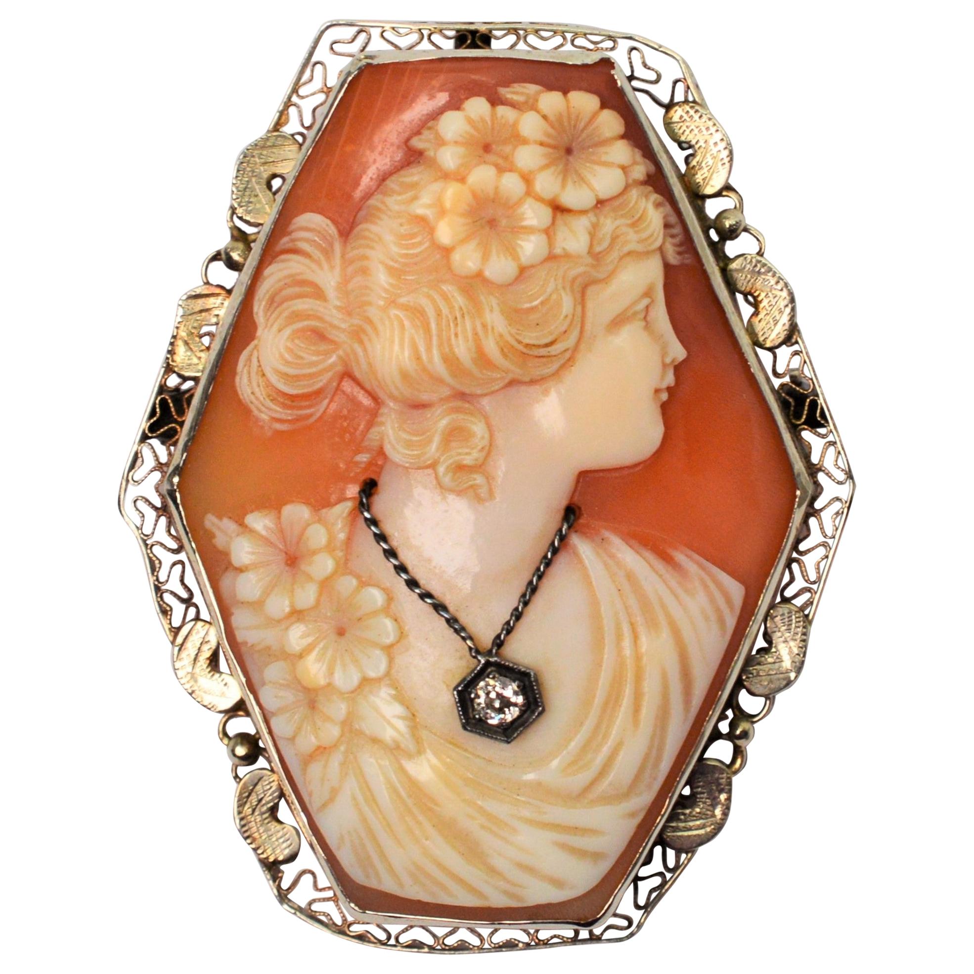 Antique Shell Cameo with Diamond Accent Brooch Pendant For Sale