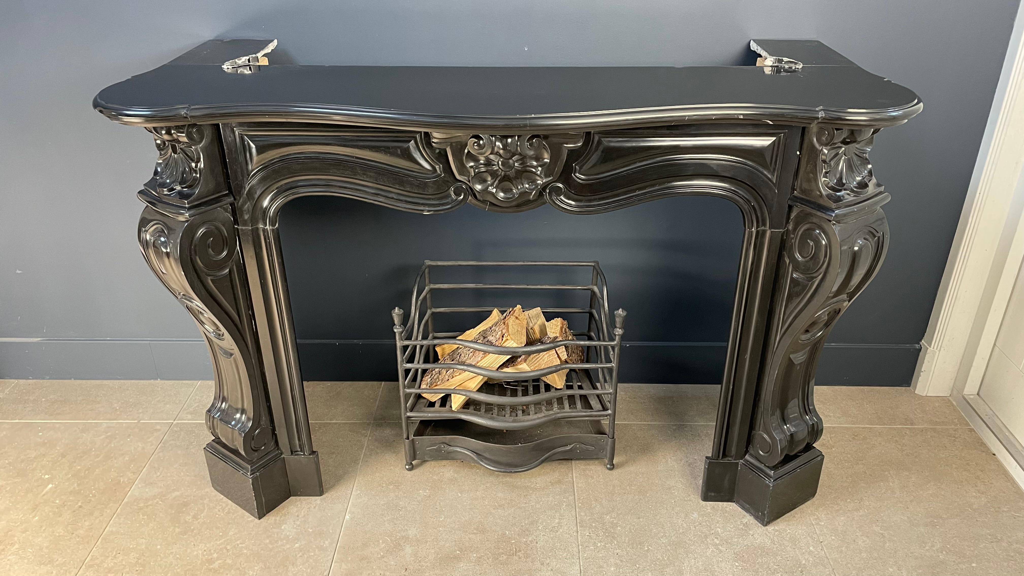 Antique Shell Circulation Fireplace in Black Noir De Mazy Marble For Sale 3