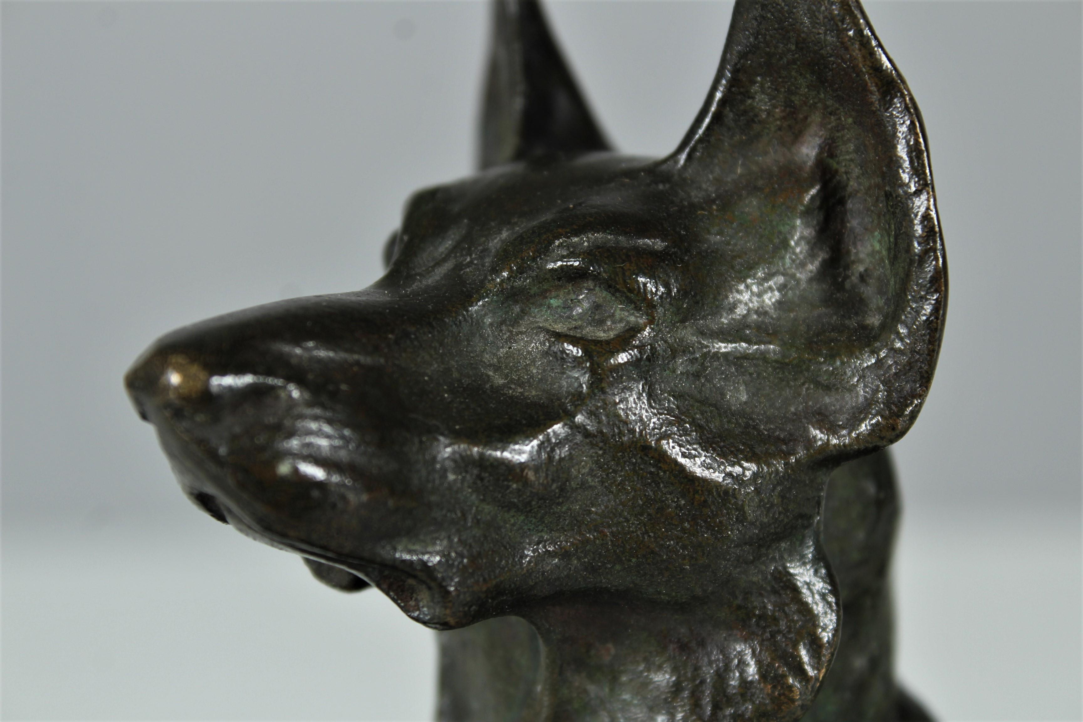 French Antique Shepherd Dog Sculpture, Signed by Artist 