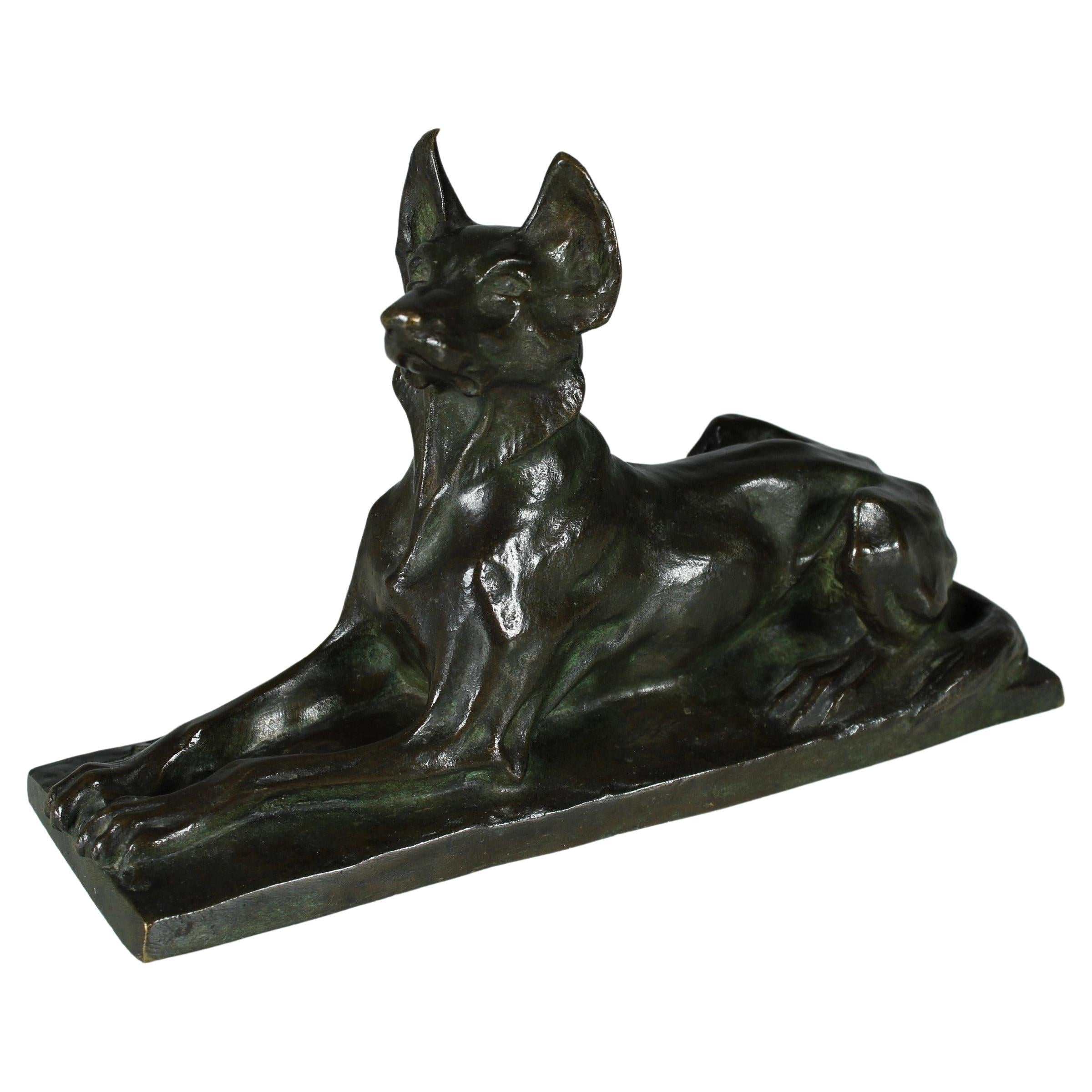 Antique Shepherd Dog Sculpture, Signed by Artist "Ch. Virion", Bronze Patinated