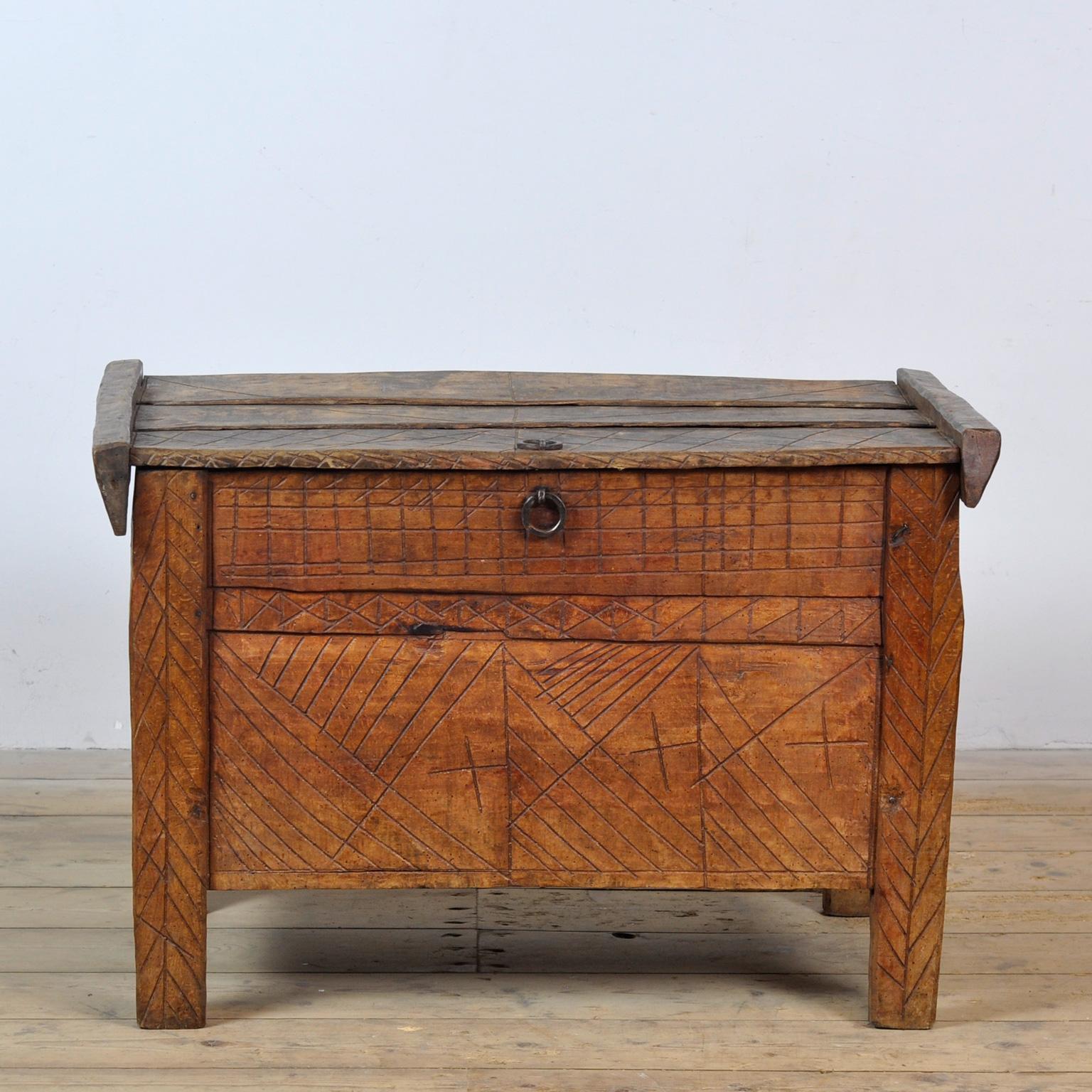Antique Shepherd’s Chest with Geometric Decoration from the Carpathian Highlands, ca.1880. Also known as Sarcophagus Chests or Wallachian Chests due to their association with the Vlachs, the wandering pastoral tribes of the European Highlands.
