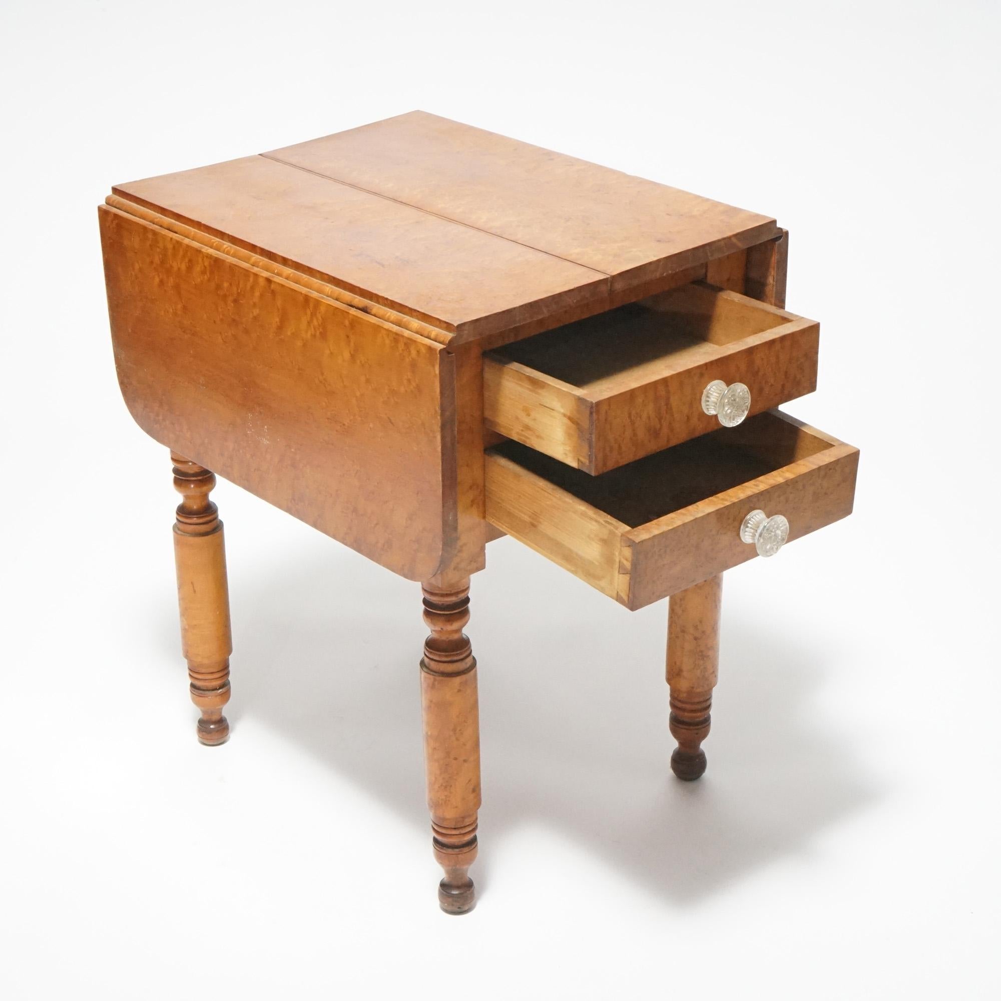 Antique Sheraton Birdseye Maple Drop Leaf Two-Drawer Stand, Circa 1840 In Good Condition In Big Flats, NY