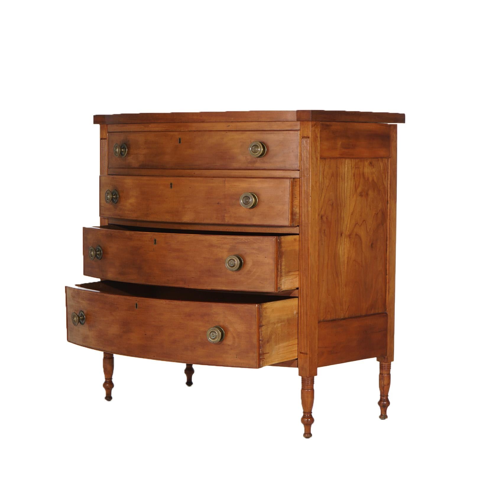 American Antique Sheraton Cherry Four Drawer Swell Front Chest Circa 1830 For Sale