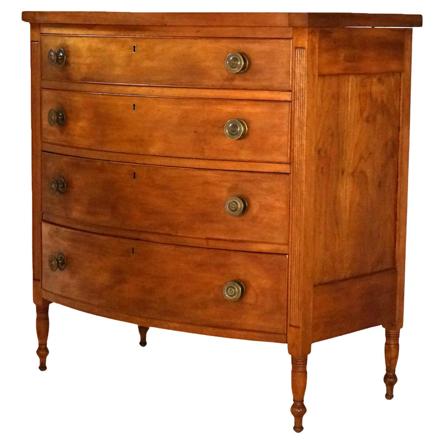 Antique Sheraton Cherry Four Drawer Swell Front Chest Circa 1830 For Sale
