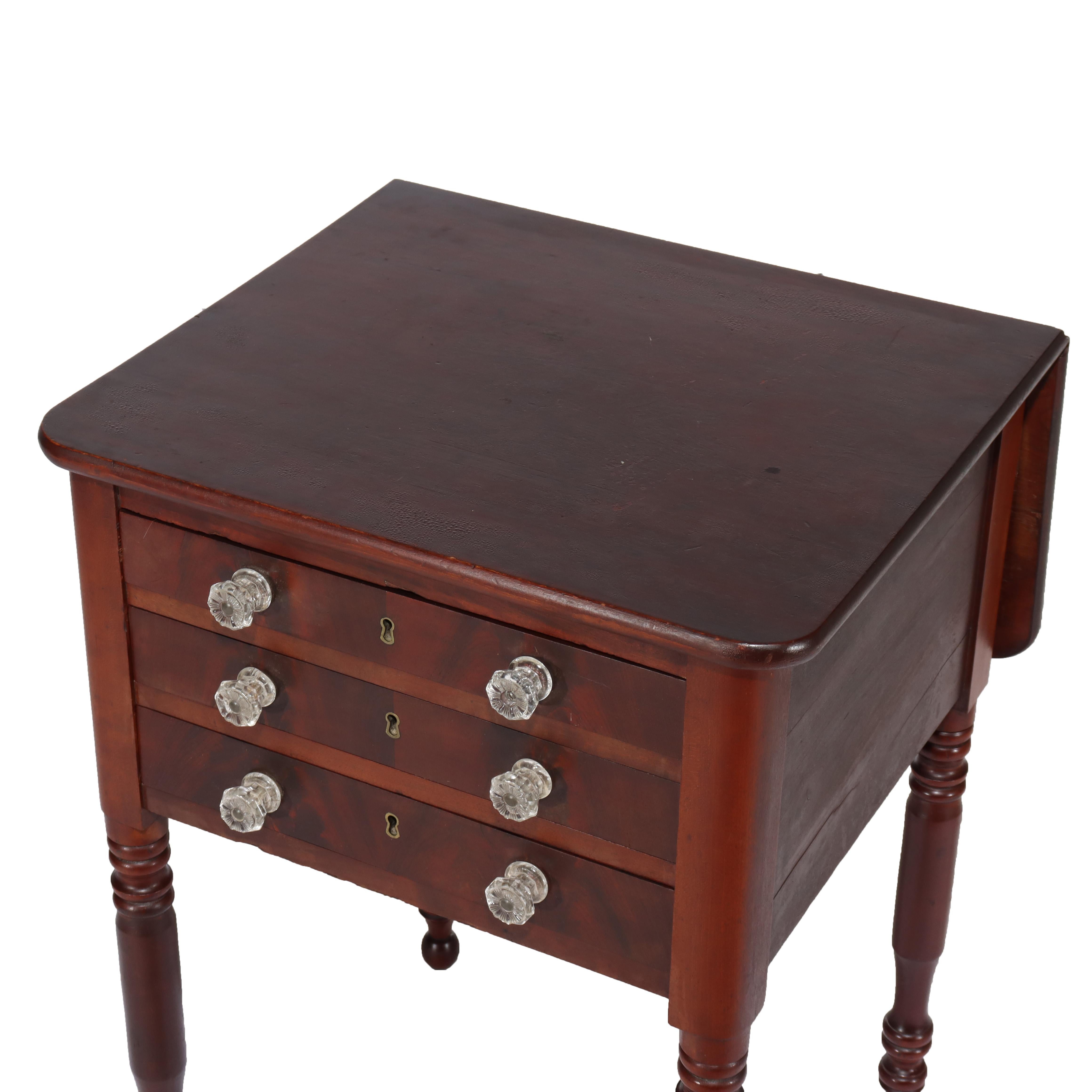 Antique Sheraton Cherry Three Drawer Work Stand with Drop Leaf C1850 In Good Condition For Sale In Big Flats, NY
