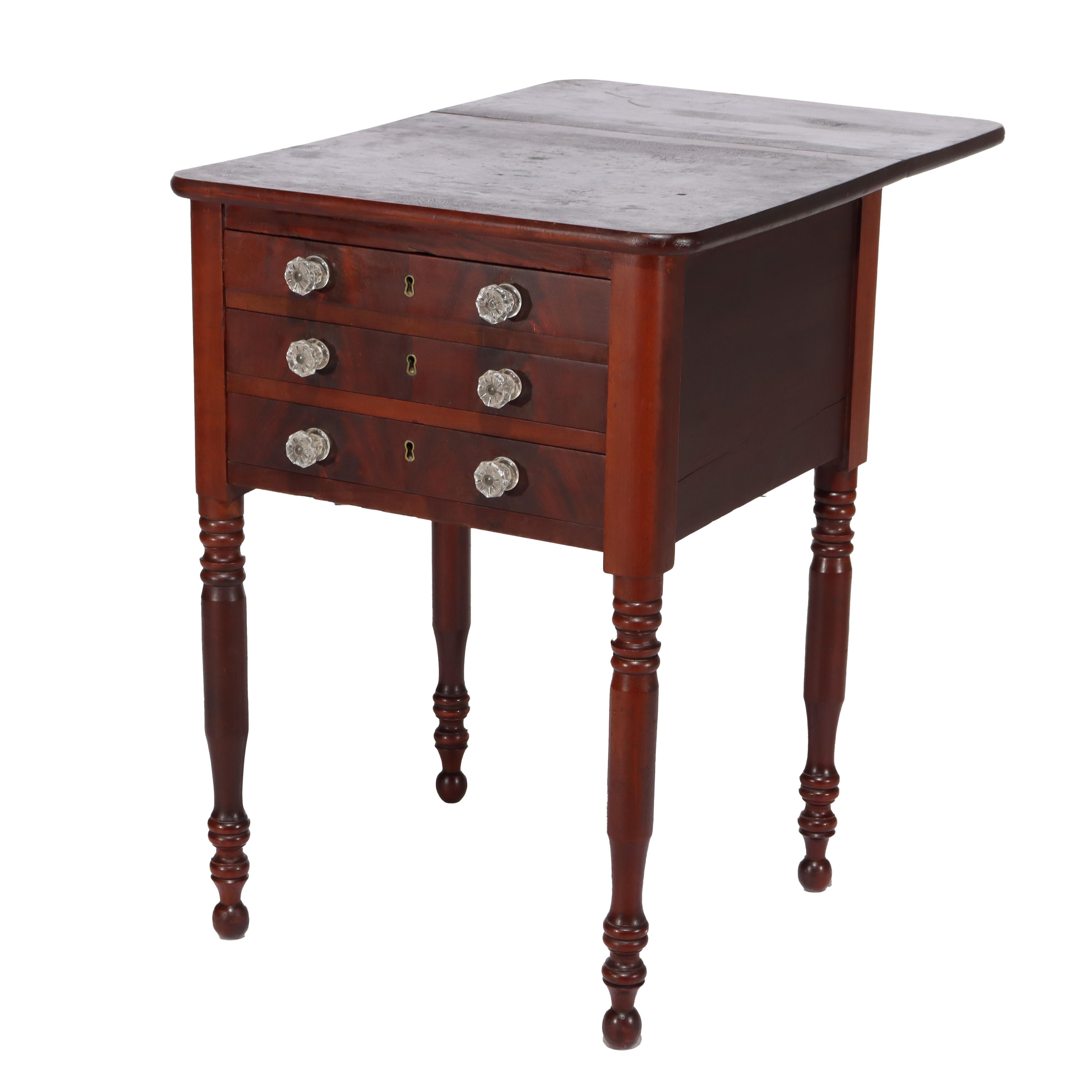 Antique Sheraton Cherry Three Drawer Work Stand with Drop Leaf C1850 For Sale 1