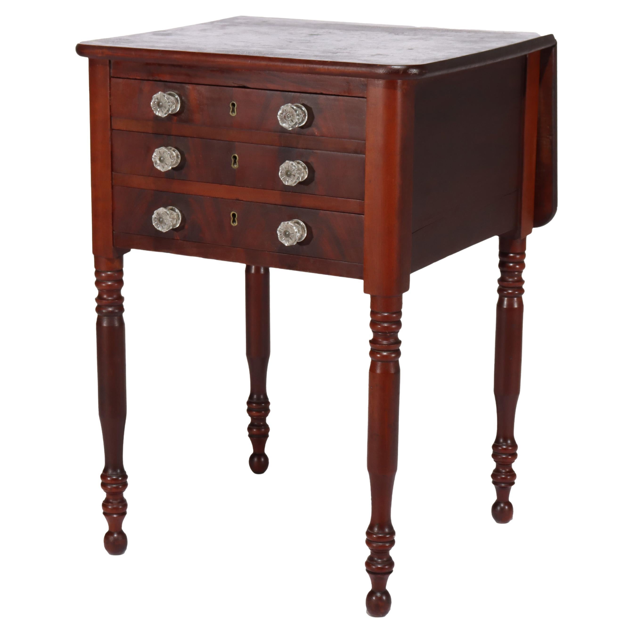 Antique Sheraton Cherry Three Drawer Work Stand with Drop Leaf C1850 For Sale