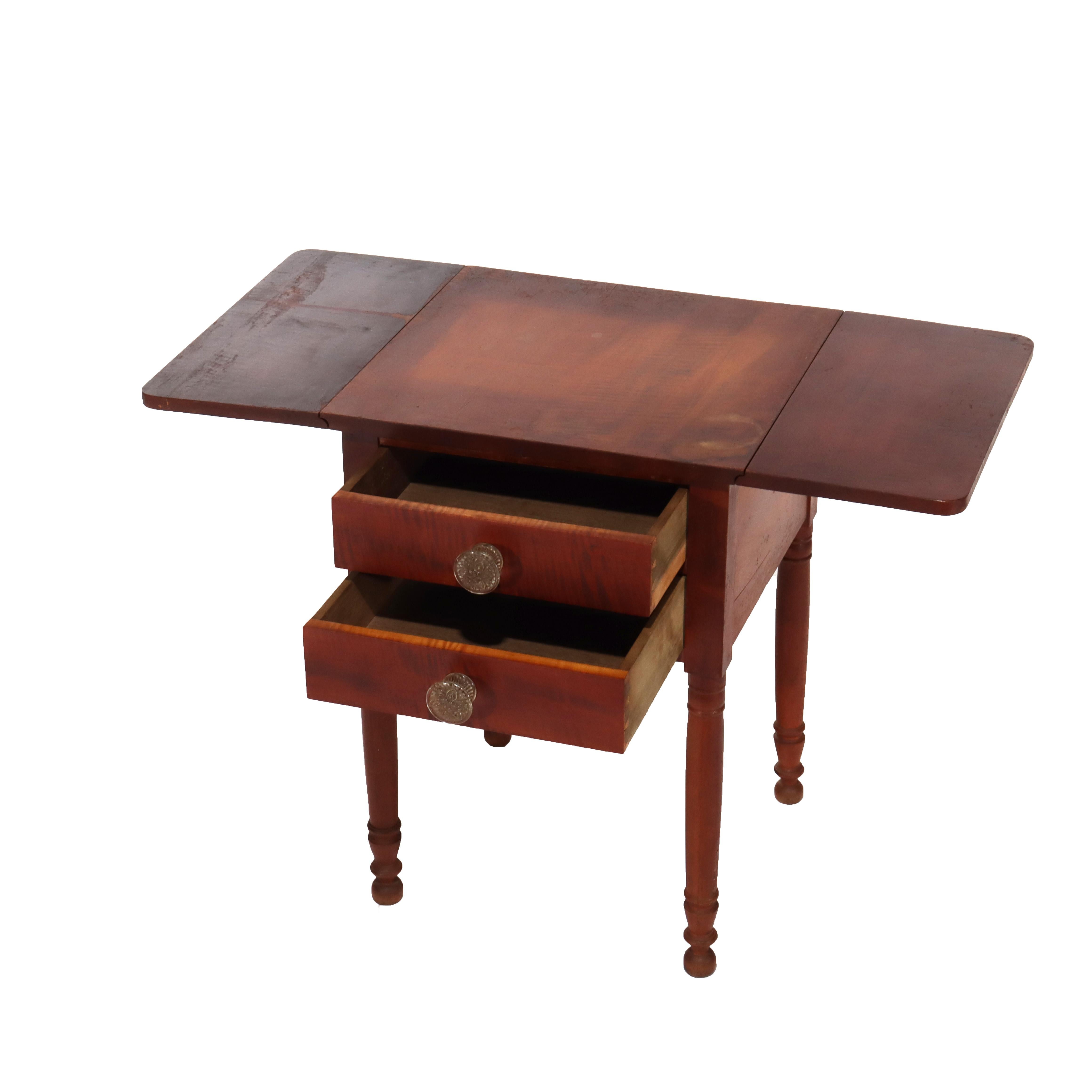 Antique Sheraton Cherry & Tiger Maple Two Drawer Drop Leaf Table with Original Sandwich Glass Pulls Unsigned C1840
Measures - 27.75