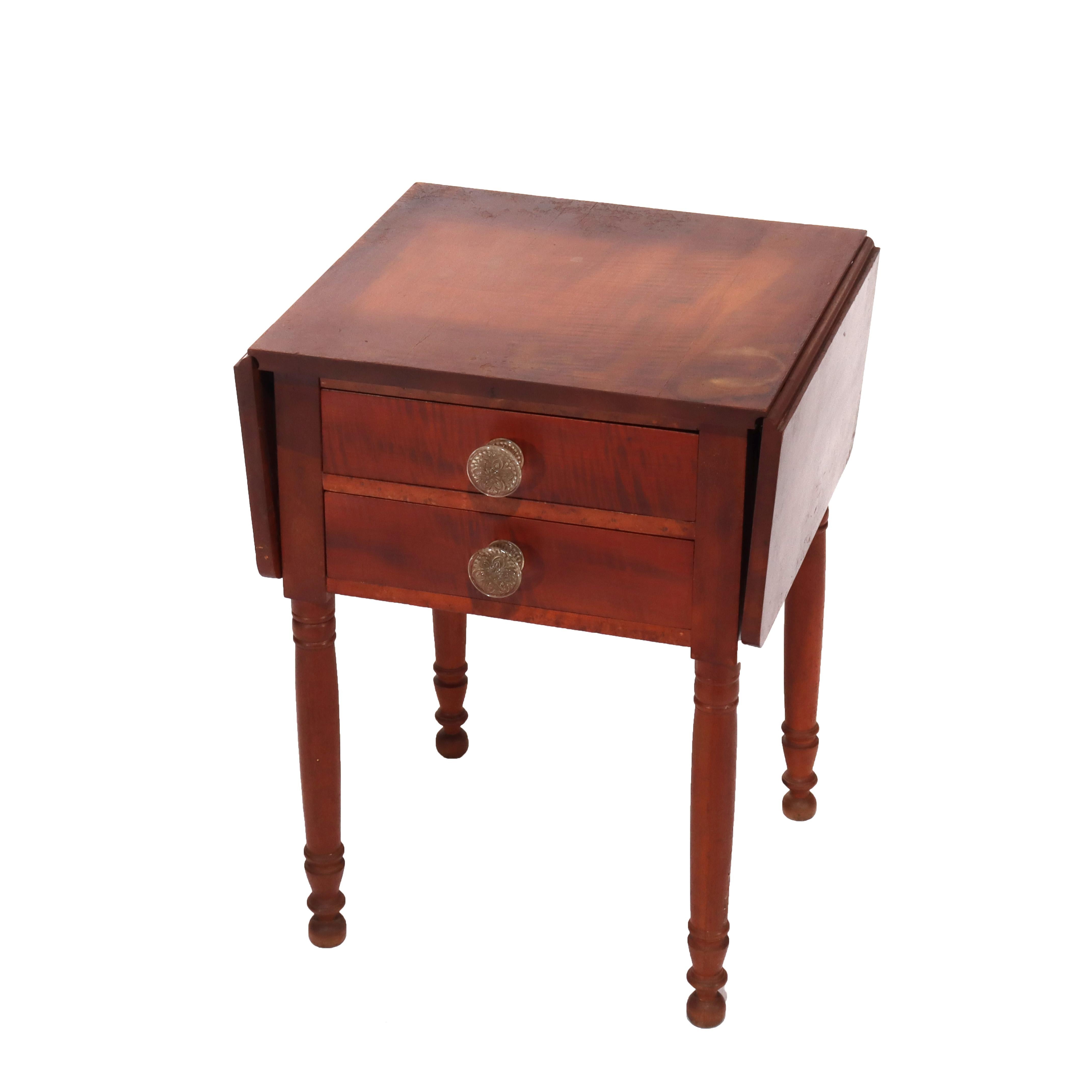 Antique Sheraton Cherry & Tiger Maple Two Drawer Drop Leaf Table C1840 In Good Condition For Sale In Big Flats, NY