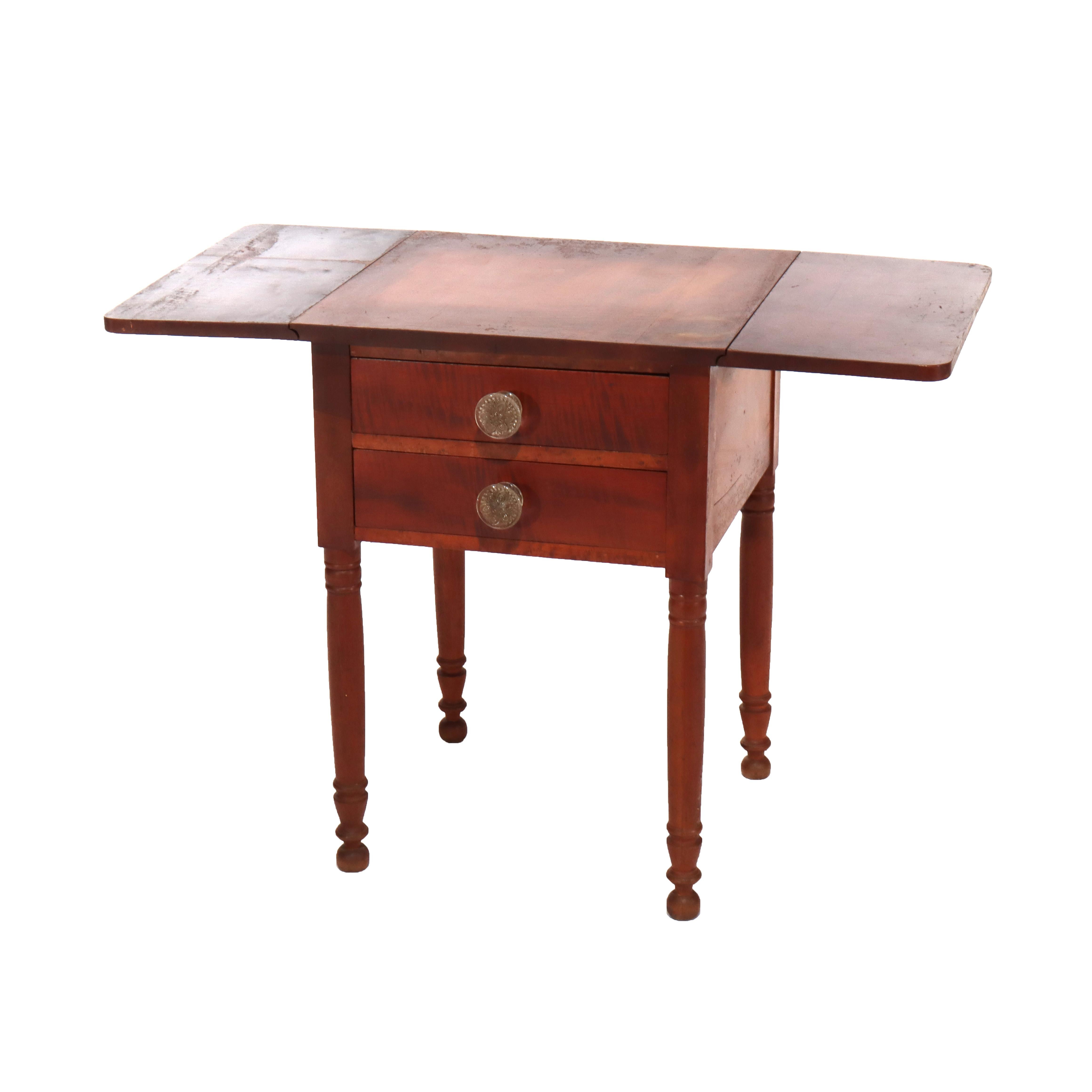 19th Century Antique Sheraton Cherry & Tiger Maple Two Drawer Drop Leaf Table C1840 For Sale