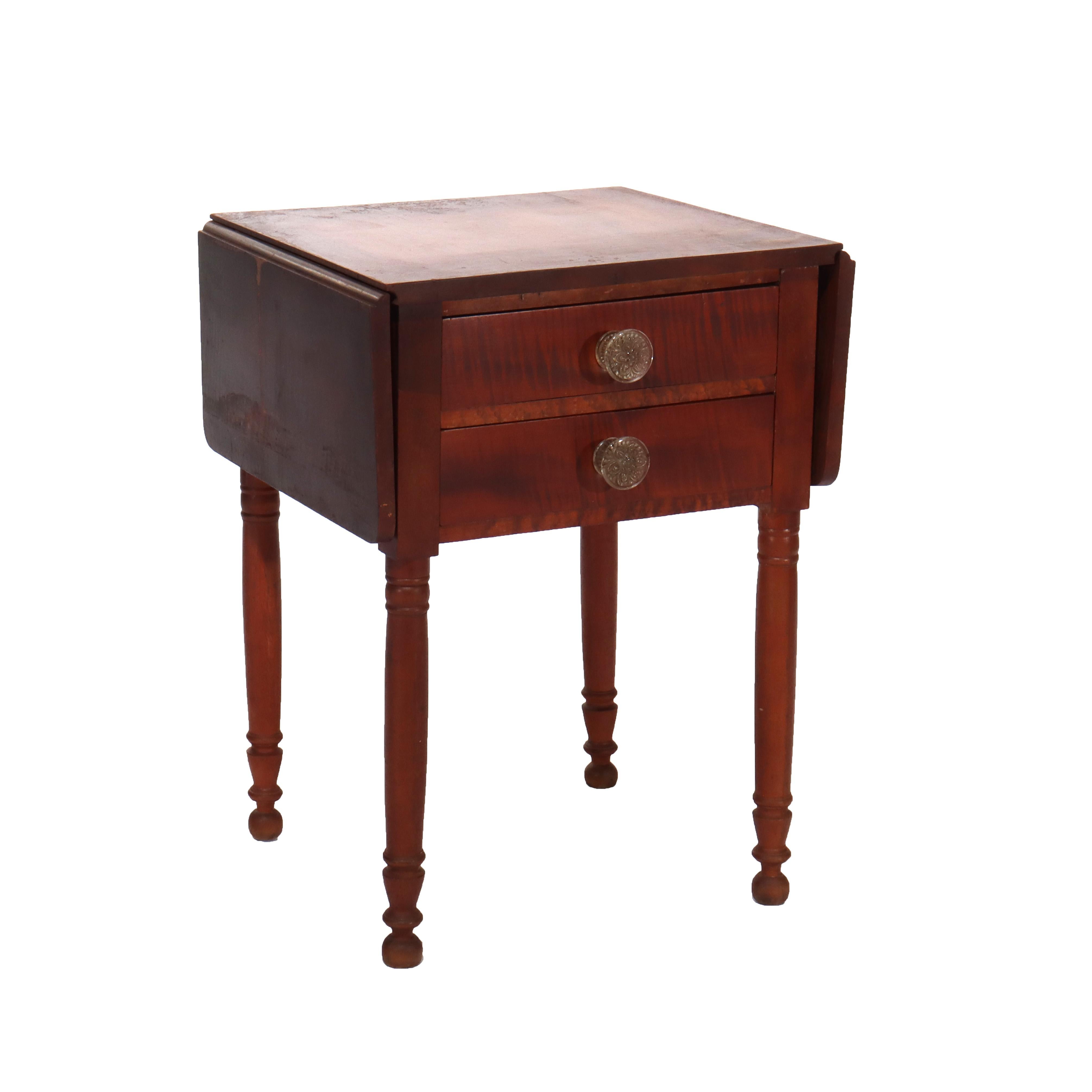 Antique Sheraton Cherry & Tiger Maple Two Drawer Drop Leaf Table C1840 For Sale 4