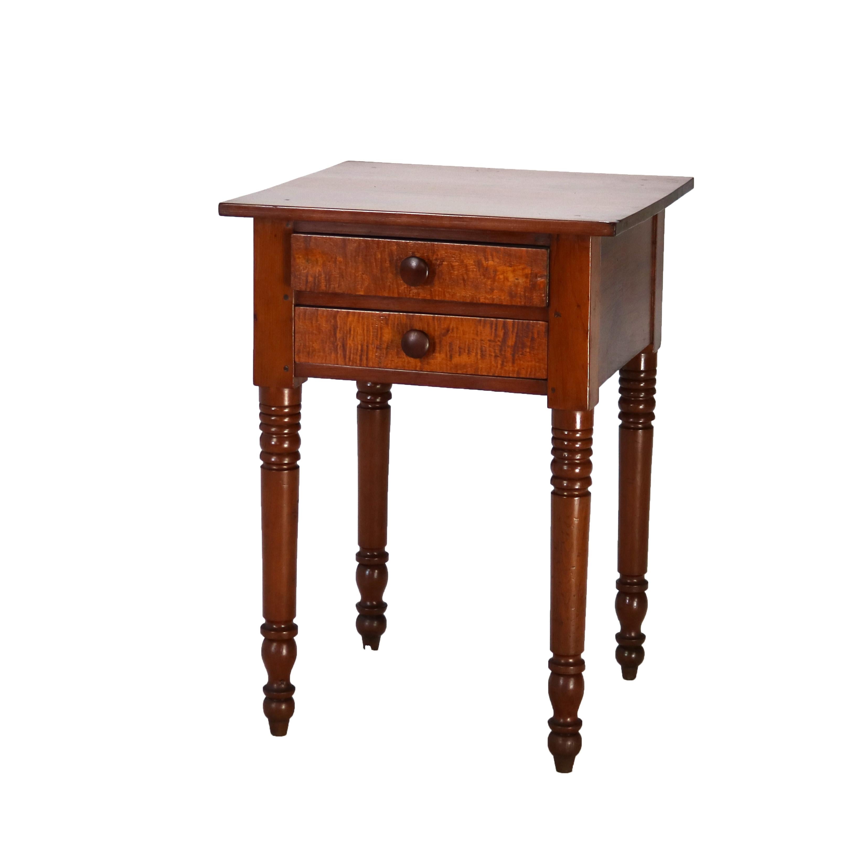 Antique Sheraton Cherry & Tiger Maple Two Drawer Stand on Turned Legs C1840 In Good Condition In Big Flats, NY