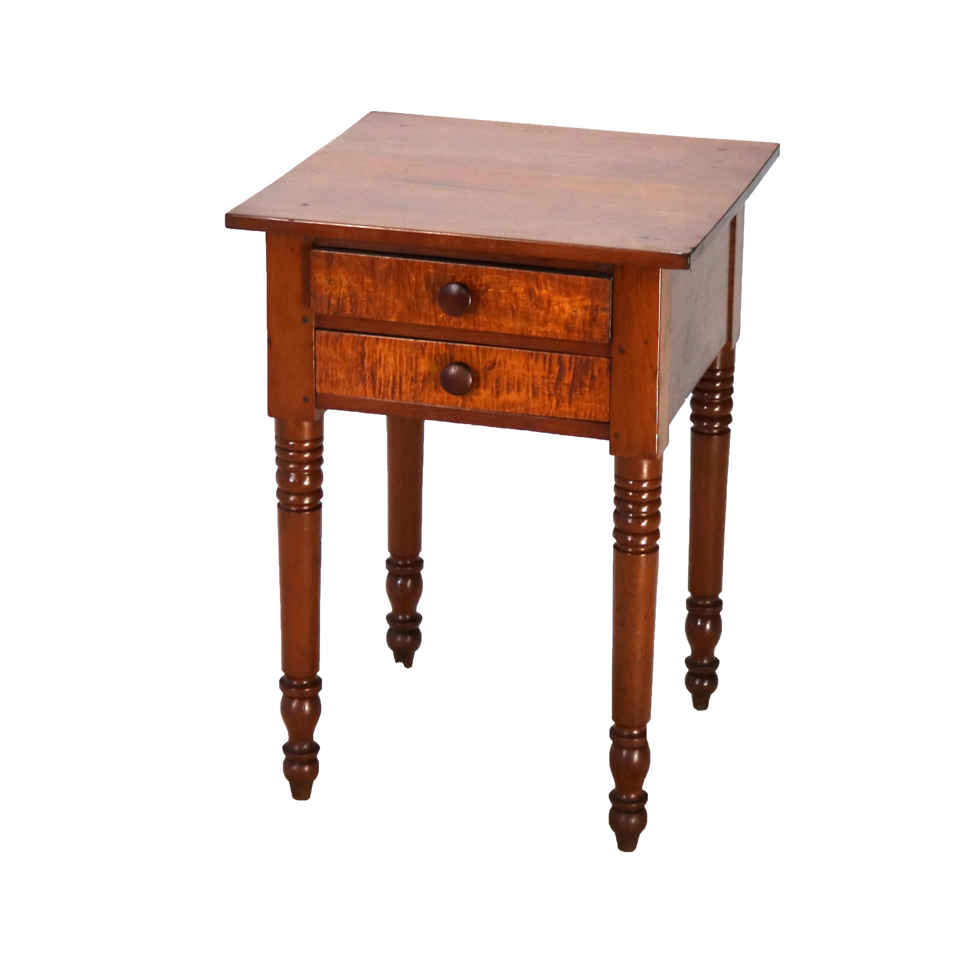 19th Century Antique Sheraton Cherry & Tiger Maple Two Drawer Stand on Turned Legs C1840