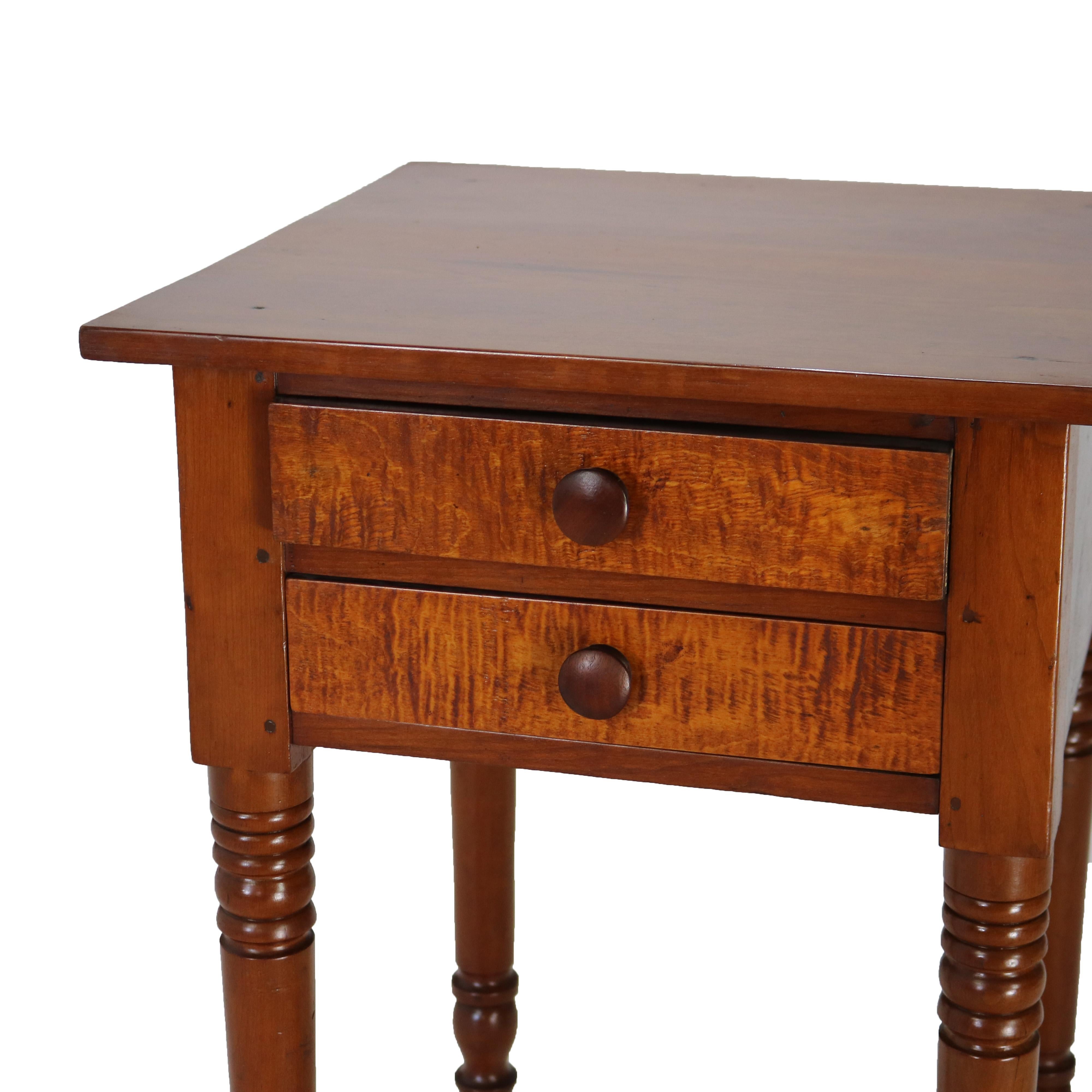 Antique Sheraton Cherry & Tiger Maple Two Drawer Stand on Turned Legs C1840 1