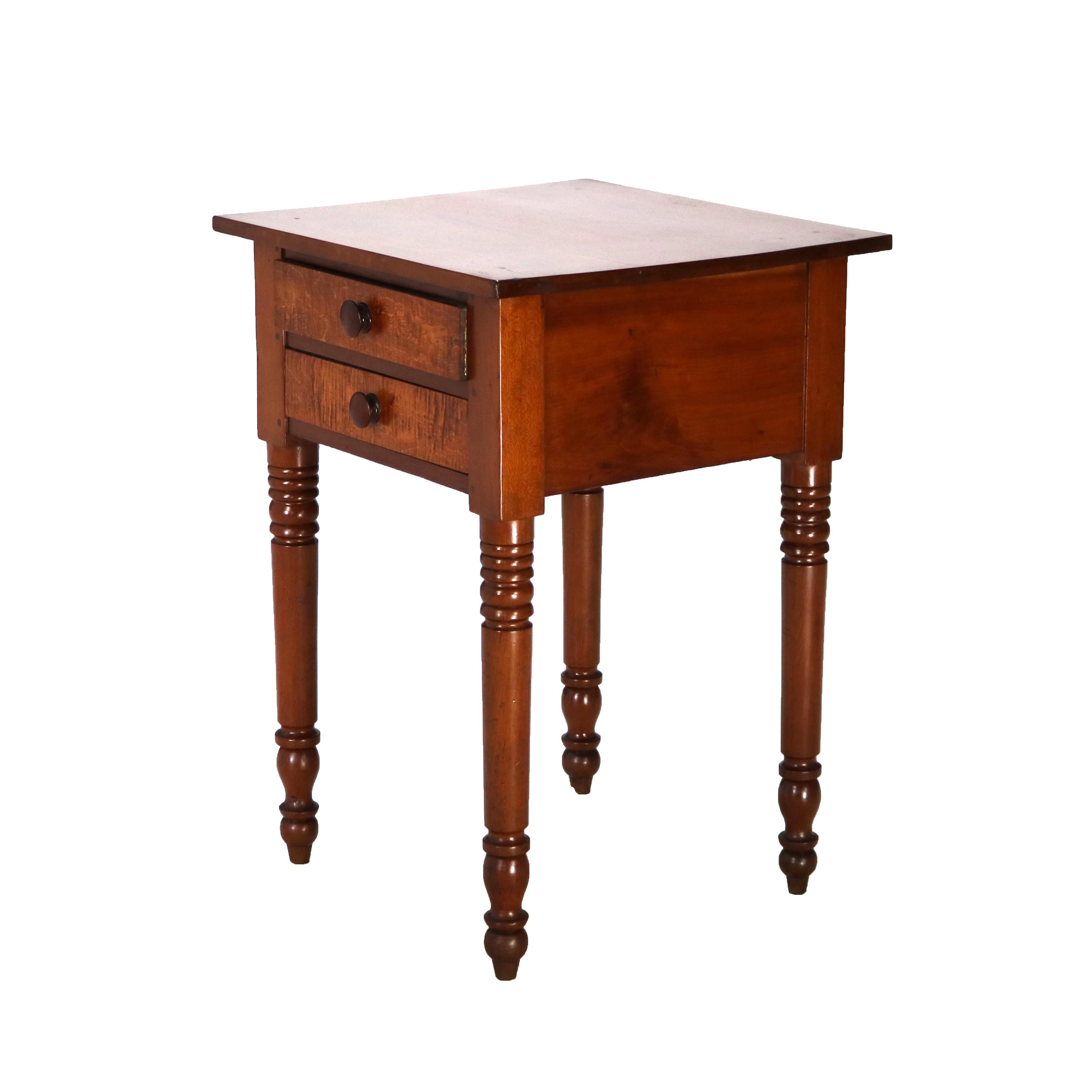 Antique Sheraton Cherry & Tiger Maple Two Drawer Stand on Turned Legs C1840 2