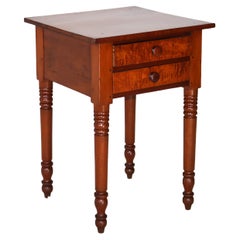 Antique Sheraton Cherry & Tiger Maple Two Drawer Stand on Turned Legs C1840