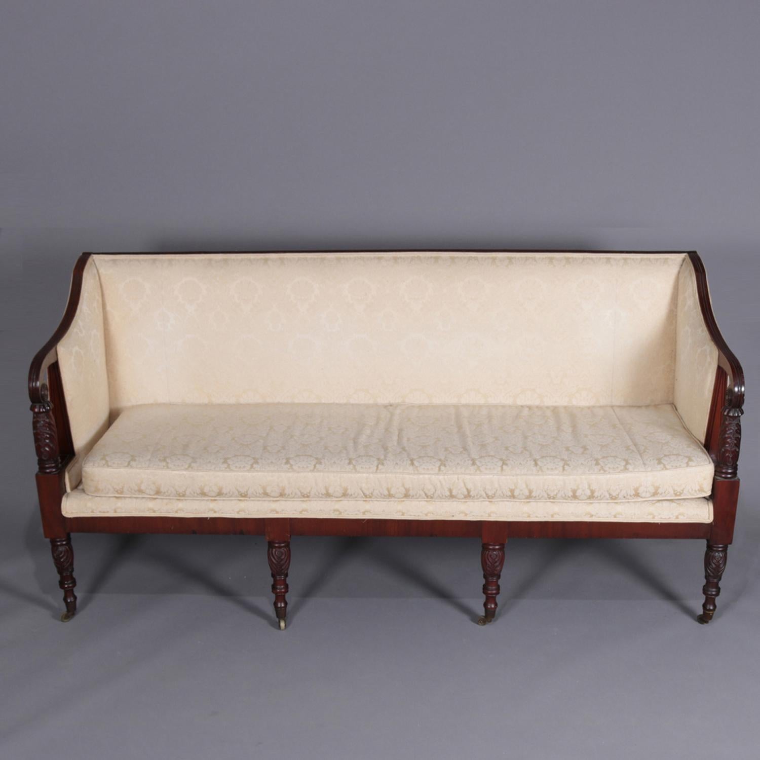 Upholstery Antique Sheraton Classical Samuel McIntire School Carved Mahogany Sofa