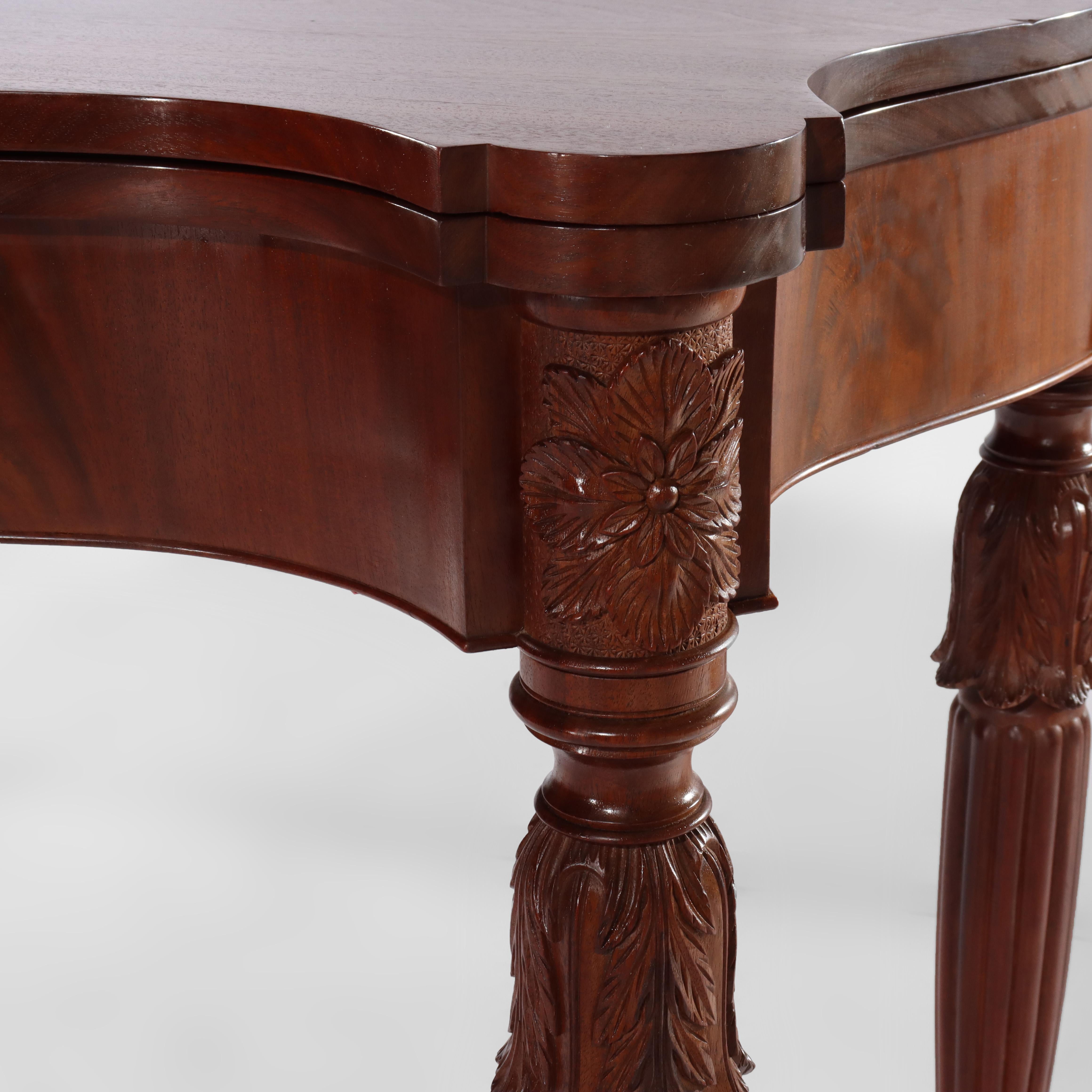 ***Reduced In-House Delivery Rates - Click on “Ask Seller” to Request a Quote***
Antique Sheraton Federal Carved Mahogany Serpentine Game Table with Foliate Carved Legs C1830.   
Measures - 29.5