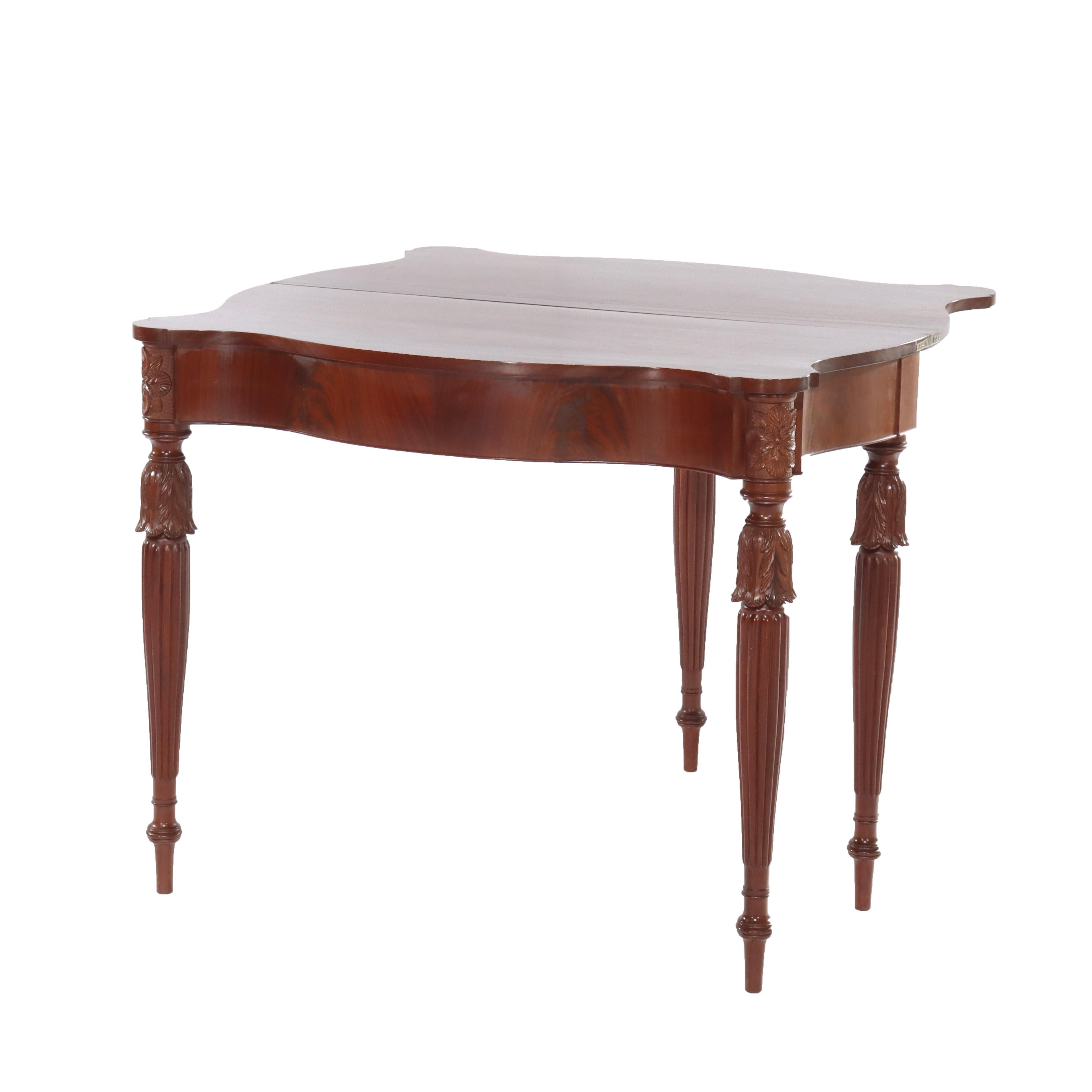 Antique Sheraton Federal Acanthus Carved Mahogany Serpentine Game Table C1830 For Sale 1