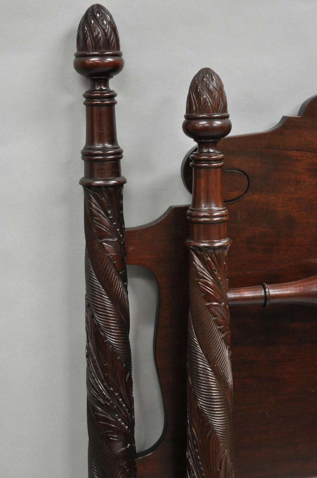 High Quality Antique Sheraton Federal Style Carved Mahogany Acorn Finial Twin Bed Frames by Richter - a Pair. *Please note, bed frames would take “Rabbet Edge” box springs which are similar to the single border, but notched to sit on TOP of the