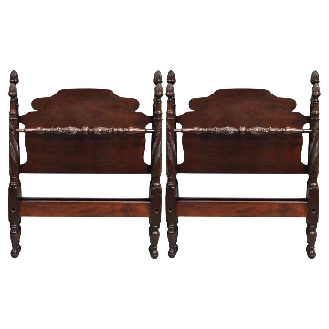 Antique Sheraton Federal Carved Mahogany Acorn Finial Twin Bed by Richter - Pair
