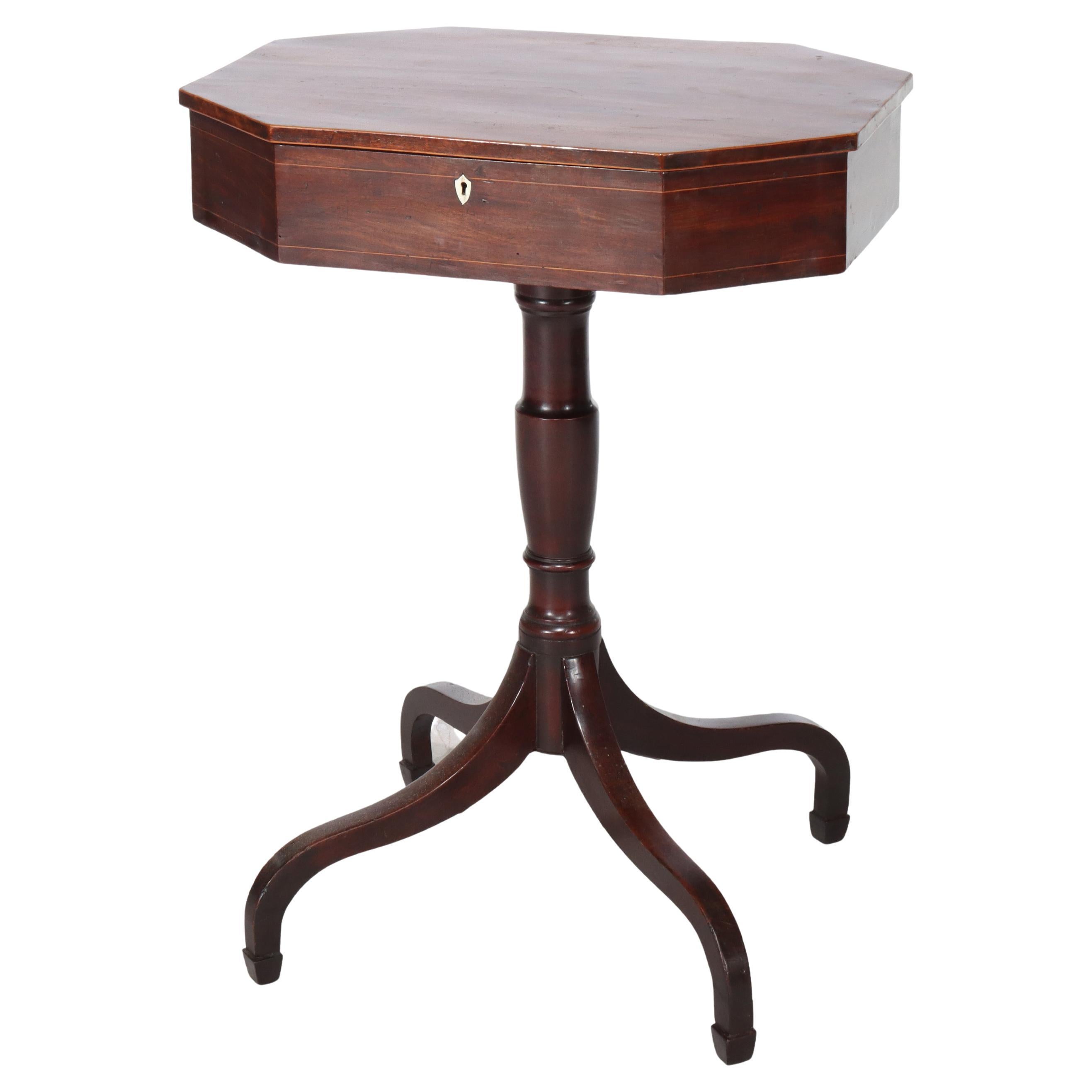 Antique Sheraton Federal Mahogany Spider Leg Lift-Top Sewing Stand c1820