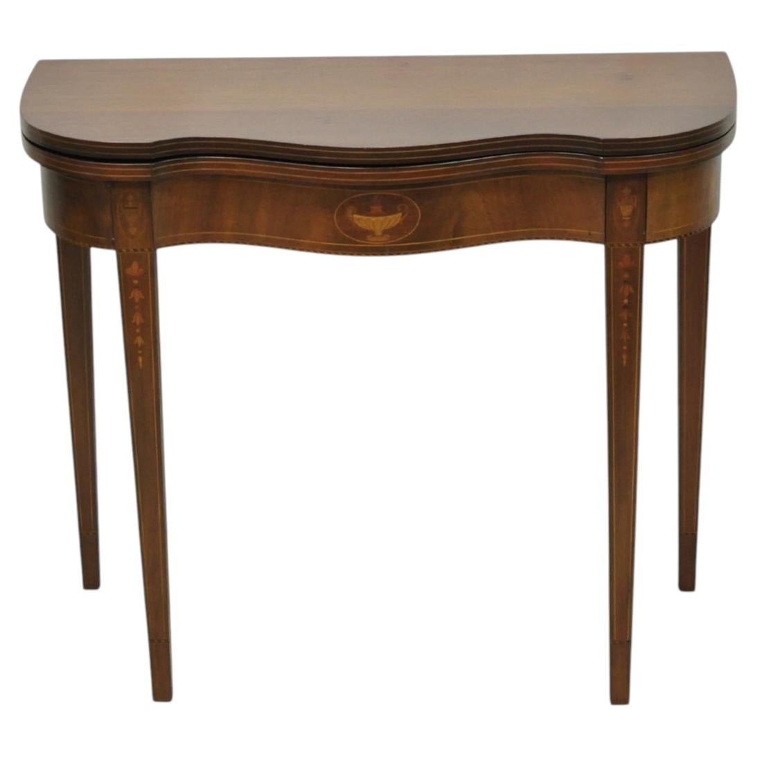 Antique Sheraton Federal Mahogany Urn Inlay Flip Serpentine Console Game Table