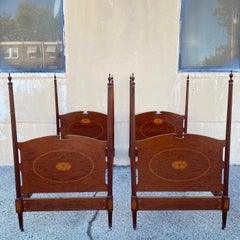 Antique Sheraton Federal Pinwheel Inlay Mahogany 4 Poster Twin Bed Frame - Pair