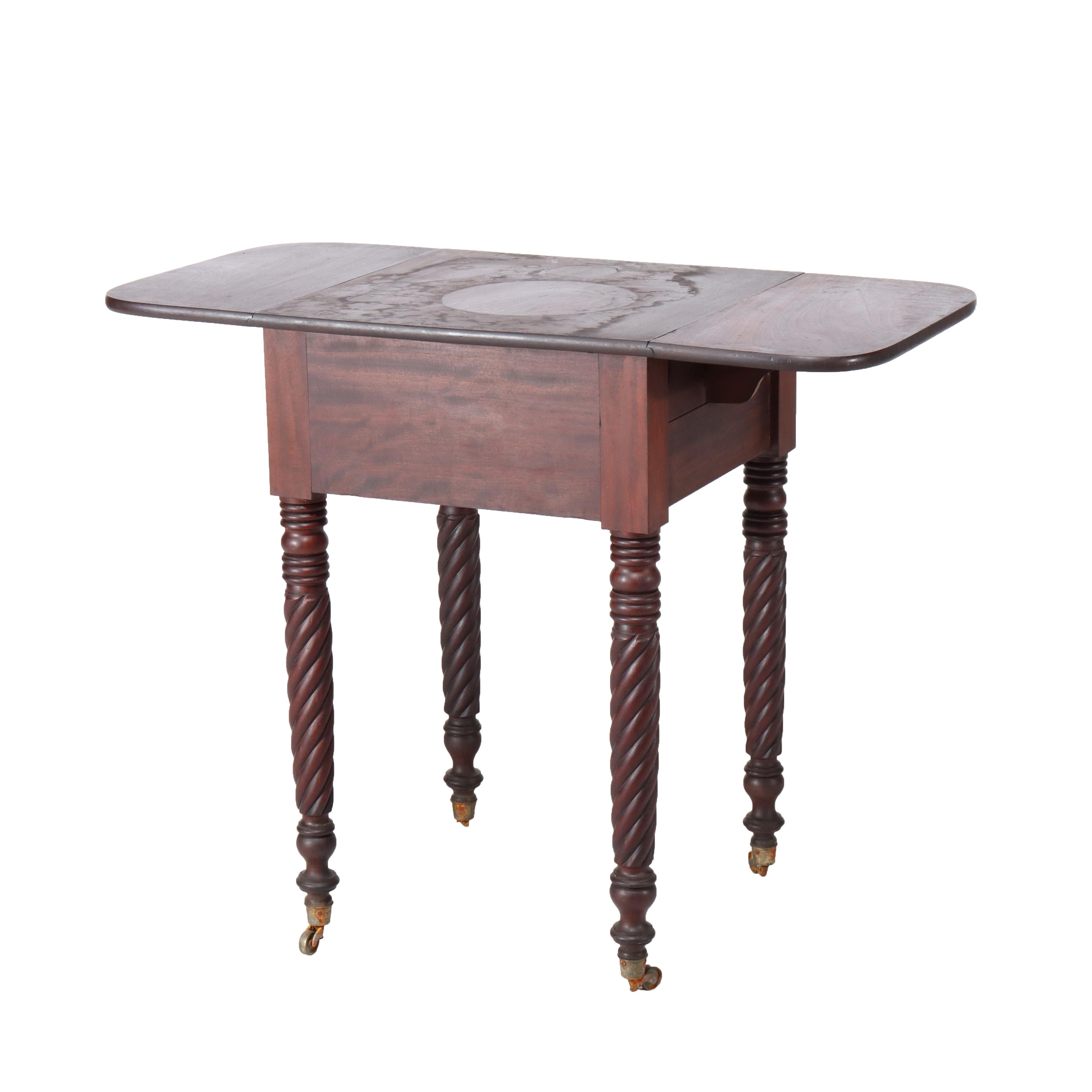 Antique Sheraton Flame Mahogany 2 Drawer Drop Leaf Work Table c1830 For Sale 6