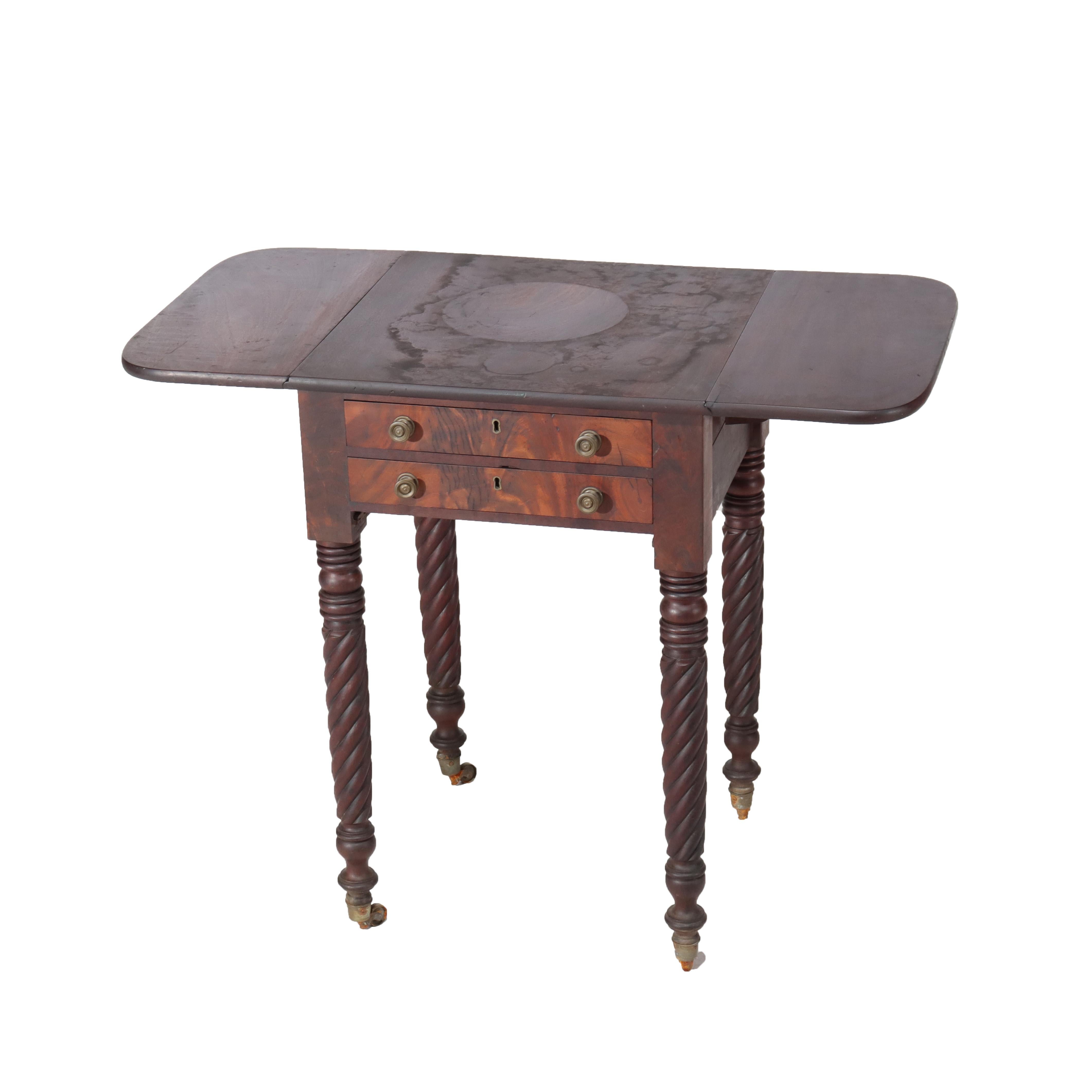 Antique Sheraton Flame Mahogany 2 Drawer Drop Leaf Work Table c1830 For Sale 1