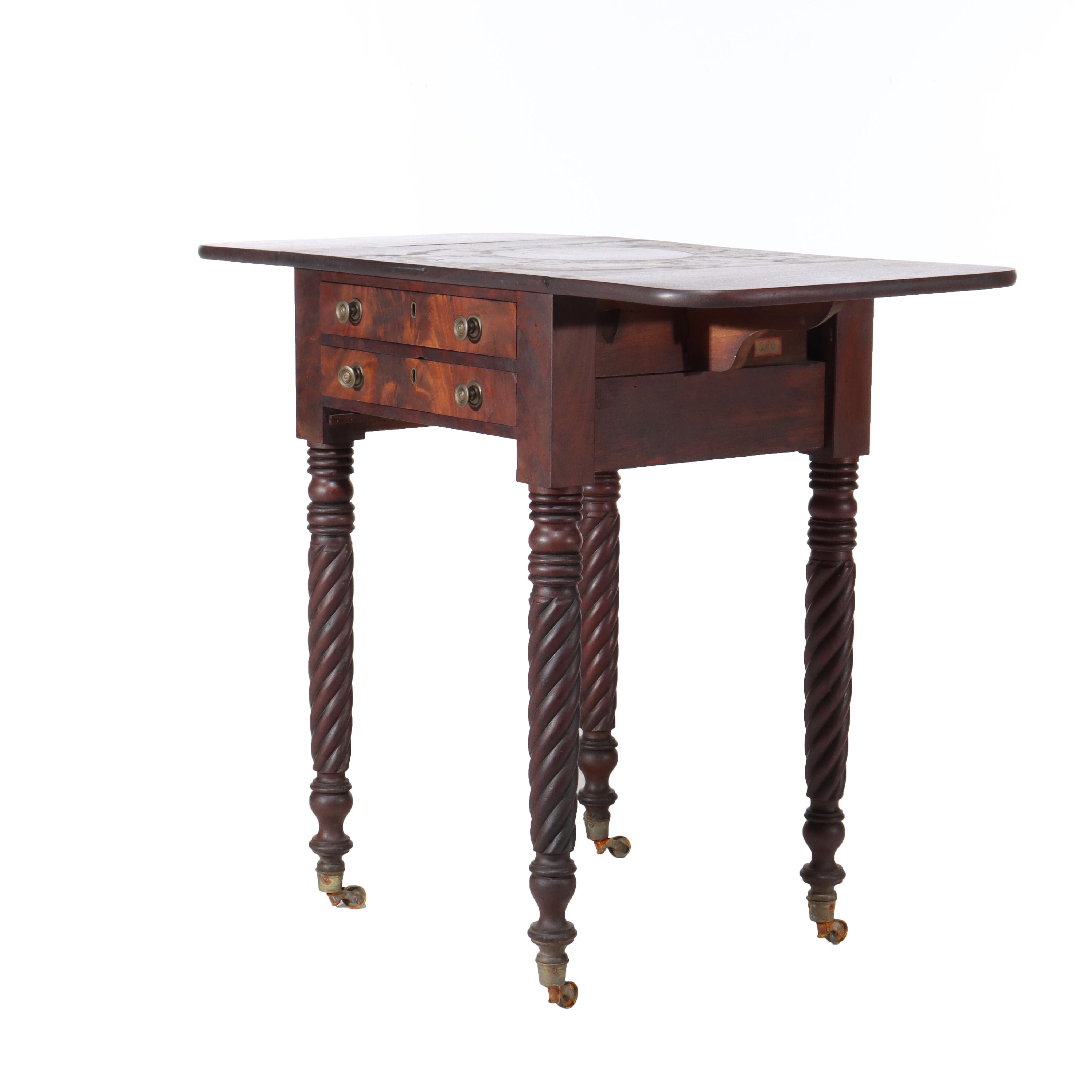 Antique Sheraton Flame Mahogany 2 Drawer Drop Leaf Work Table c1830 For Sale 3