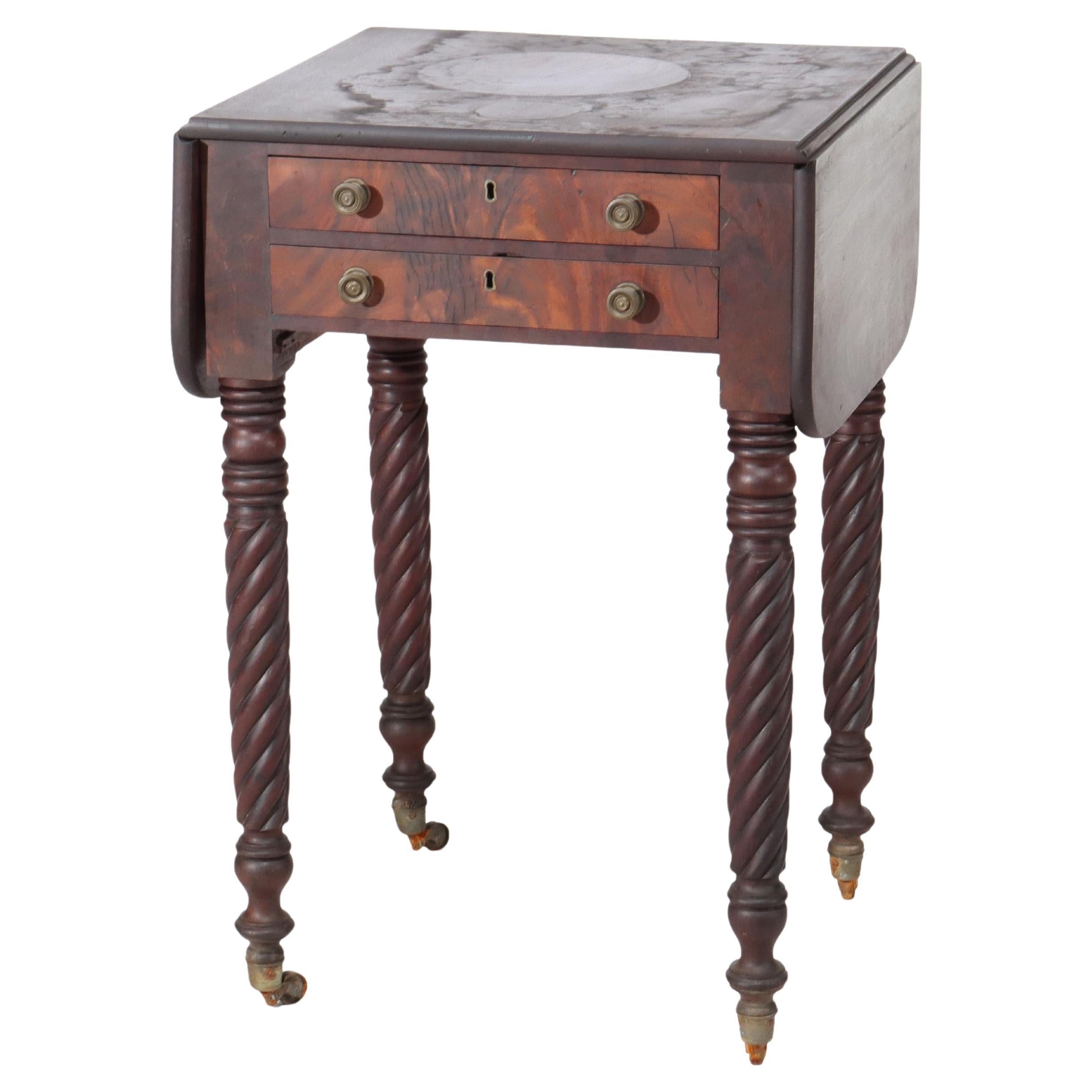 Antique Sheraton Flame Mahogany 2 Drawer Drop Leaf Work Table c1830 For Sale