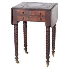 Antique Sheraton Flame Mahogany 2 Drawer Drop Leaf Work Table c1830