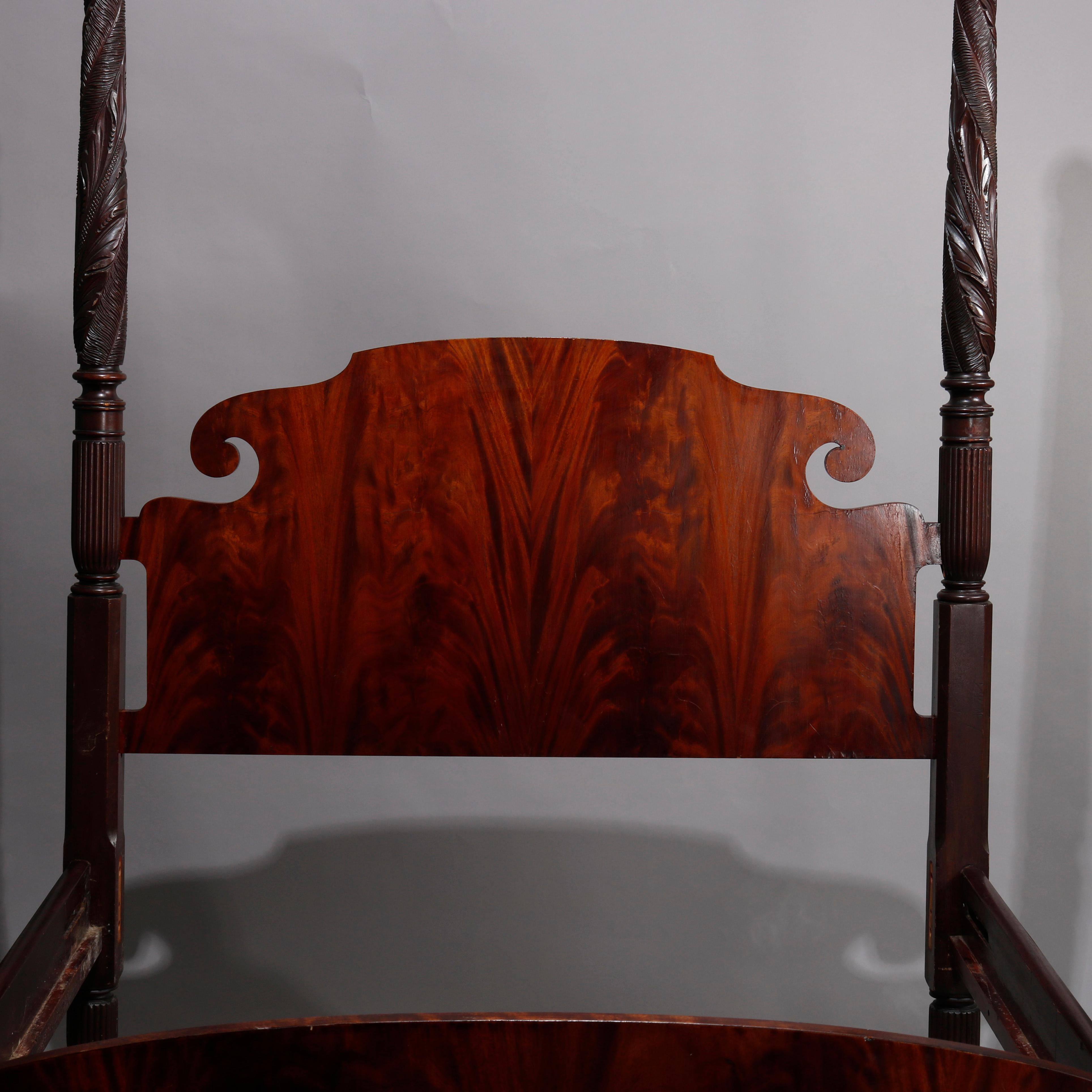 American Sheraton Flame Mahogany Acanthus Carved Full/Double Poster Bed, 19th Century