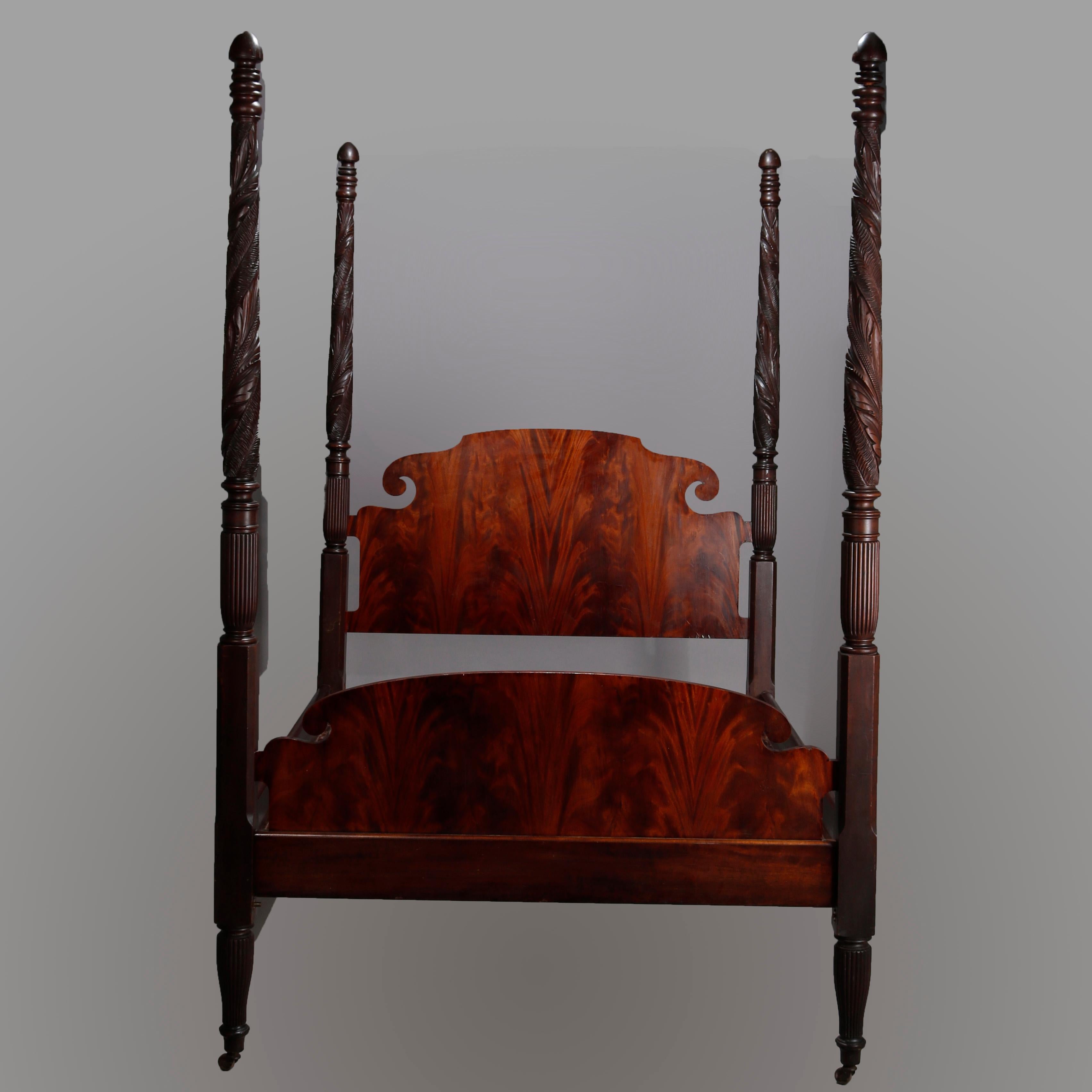 Sheraton Flame Mahogany Acanthus Carved Full/Double Poster Bed, 19th Century In Good Condition In Big Flats, NY