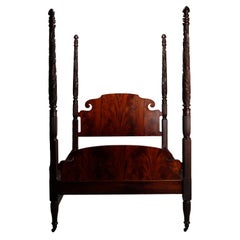 Antique Sheraton Flame Mahogany Acanthus Carved Full/Double Poster Bed, 19th Century