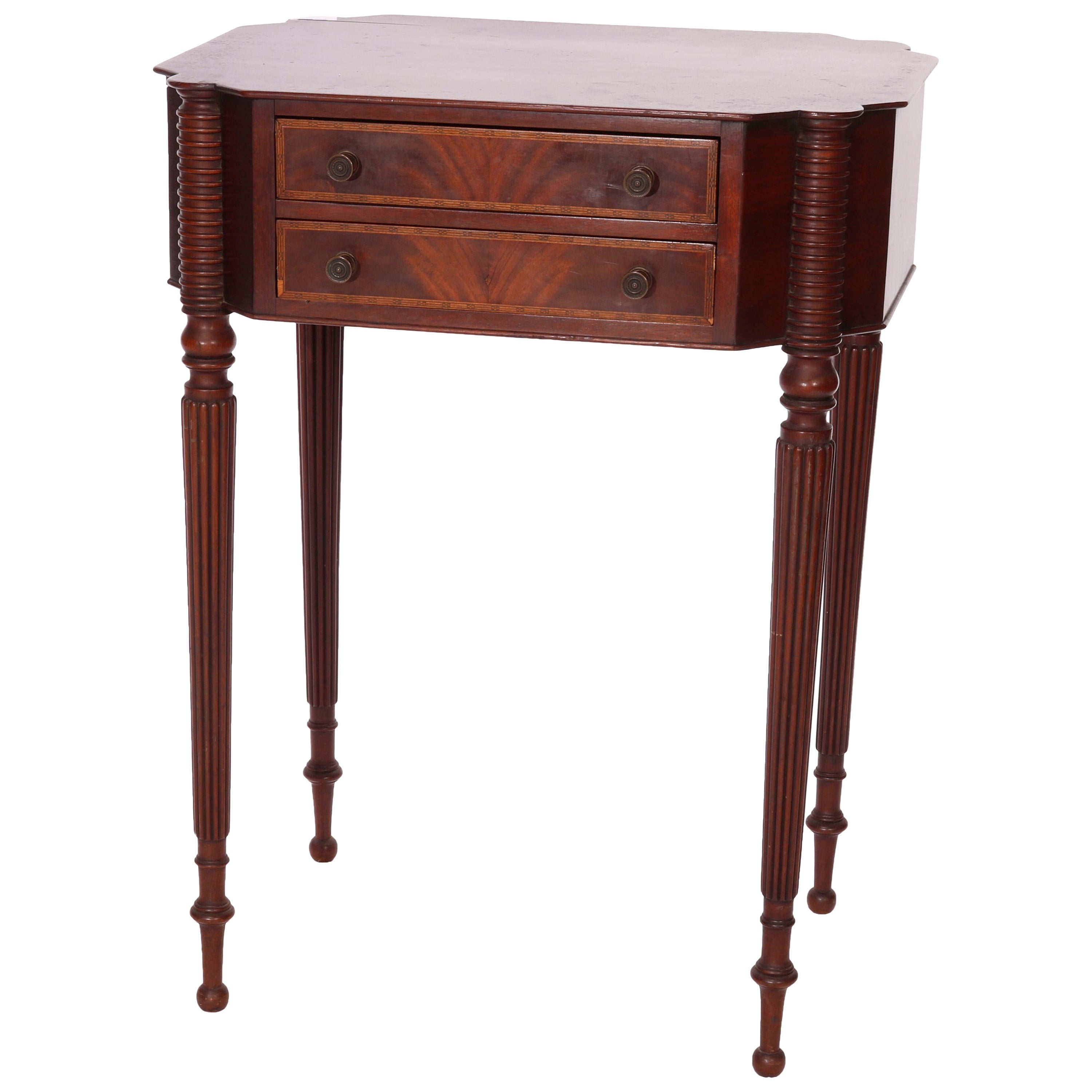 Antique Sheraton Flame Mahogany Banded Inlay Sewing Stand, 19th C