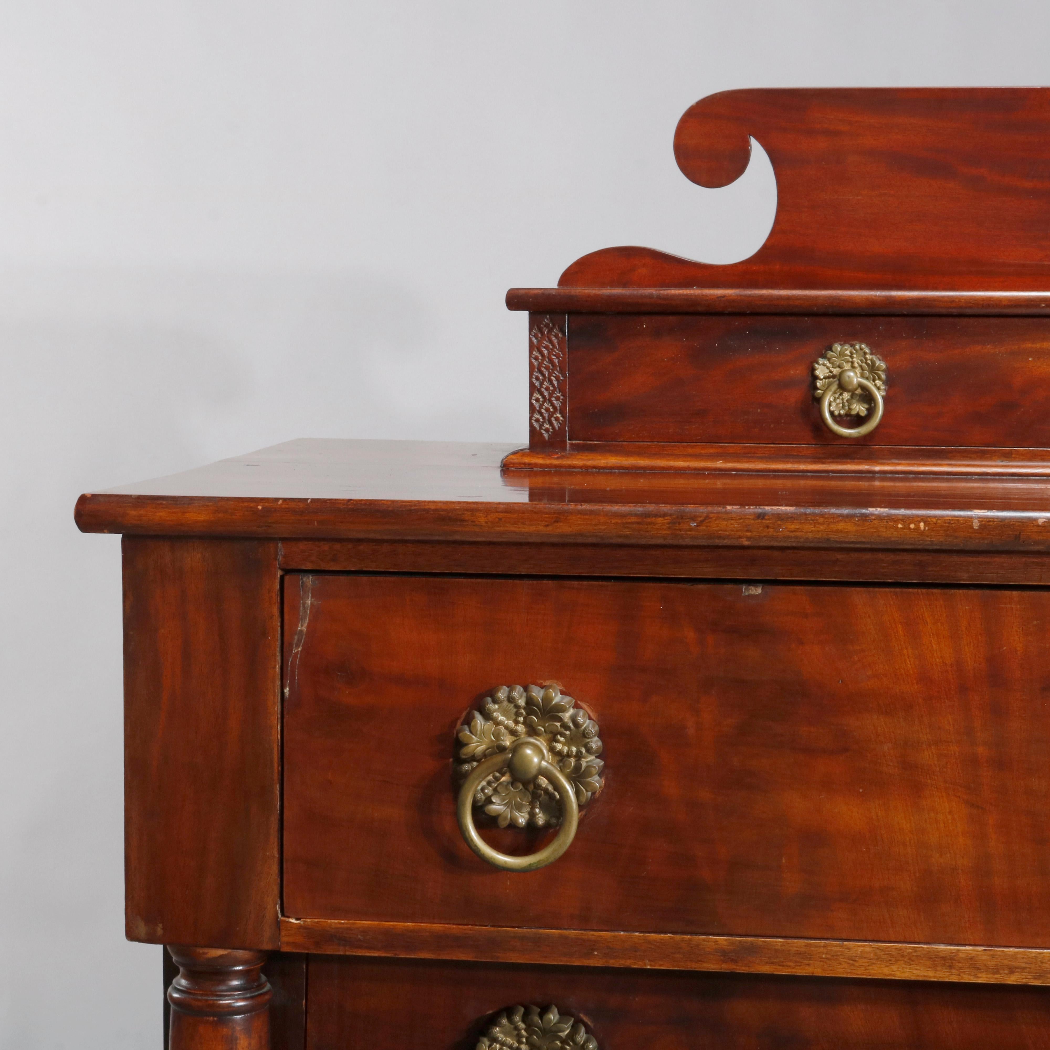 Brass Antique Sheraton Flame Mahogany Chest of Drawers, 19th Century