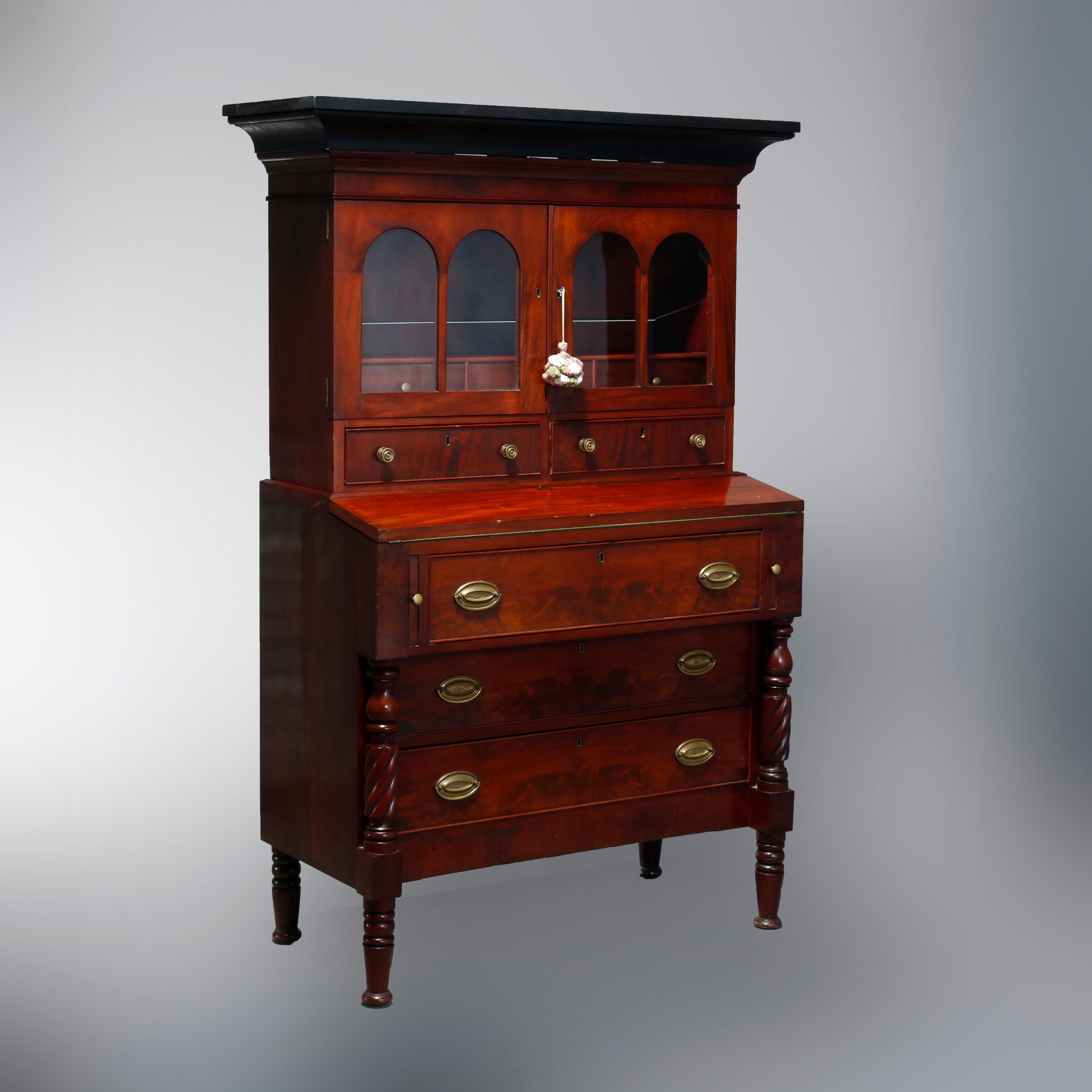 Antique Sheraton Flame Mahogany Step Back Secretary Desk, Circa 1830 5