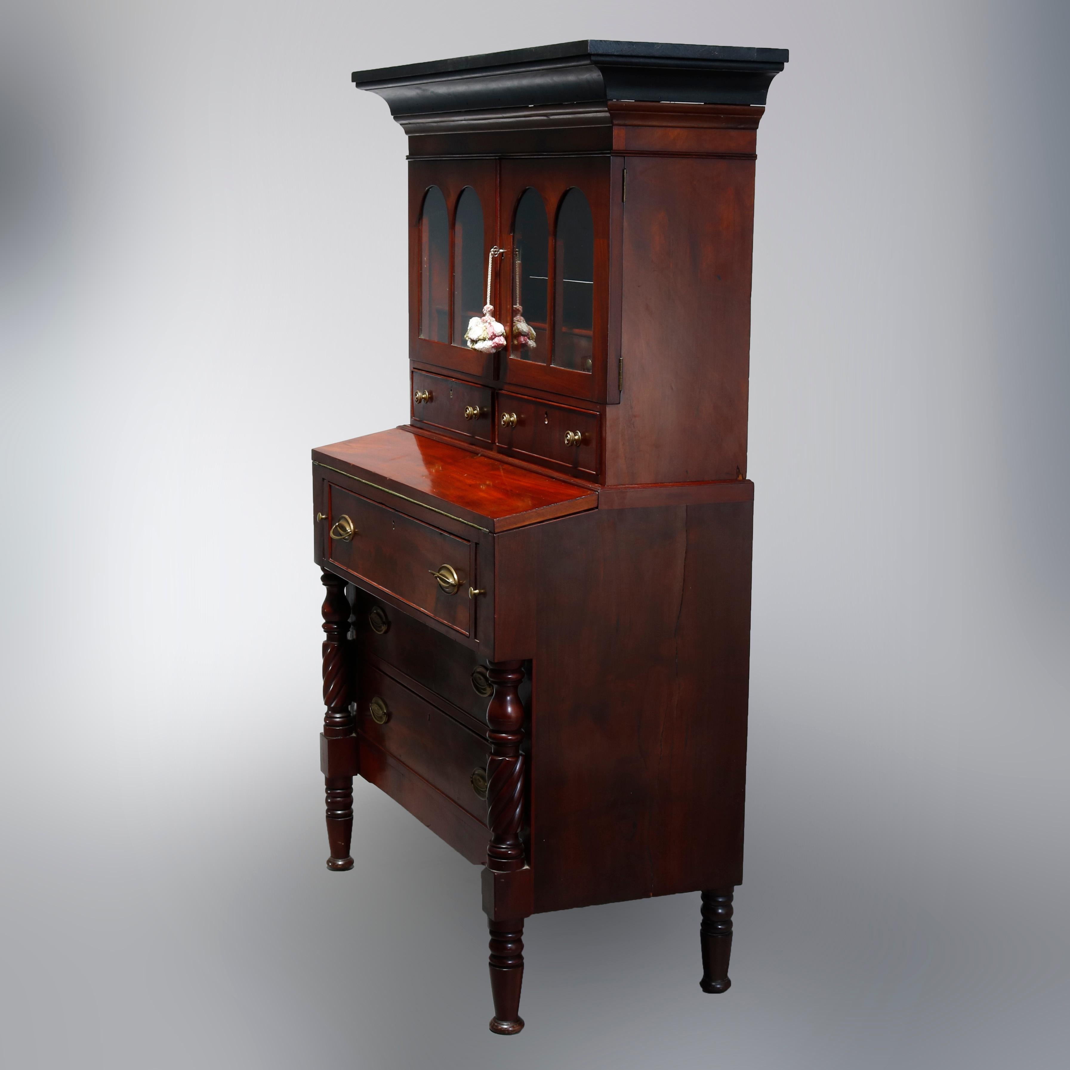 Antique Sheraton Flame Mahogany Step Back Secretary Desk, Circa 1830 6