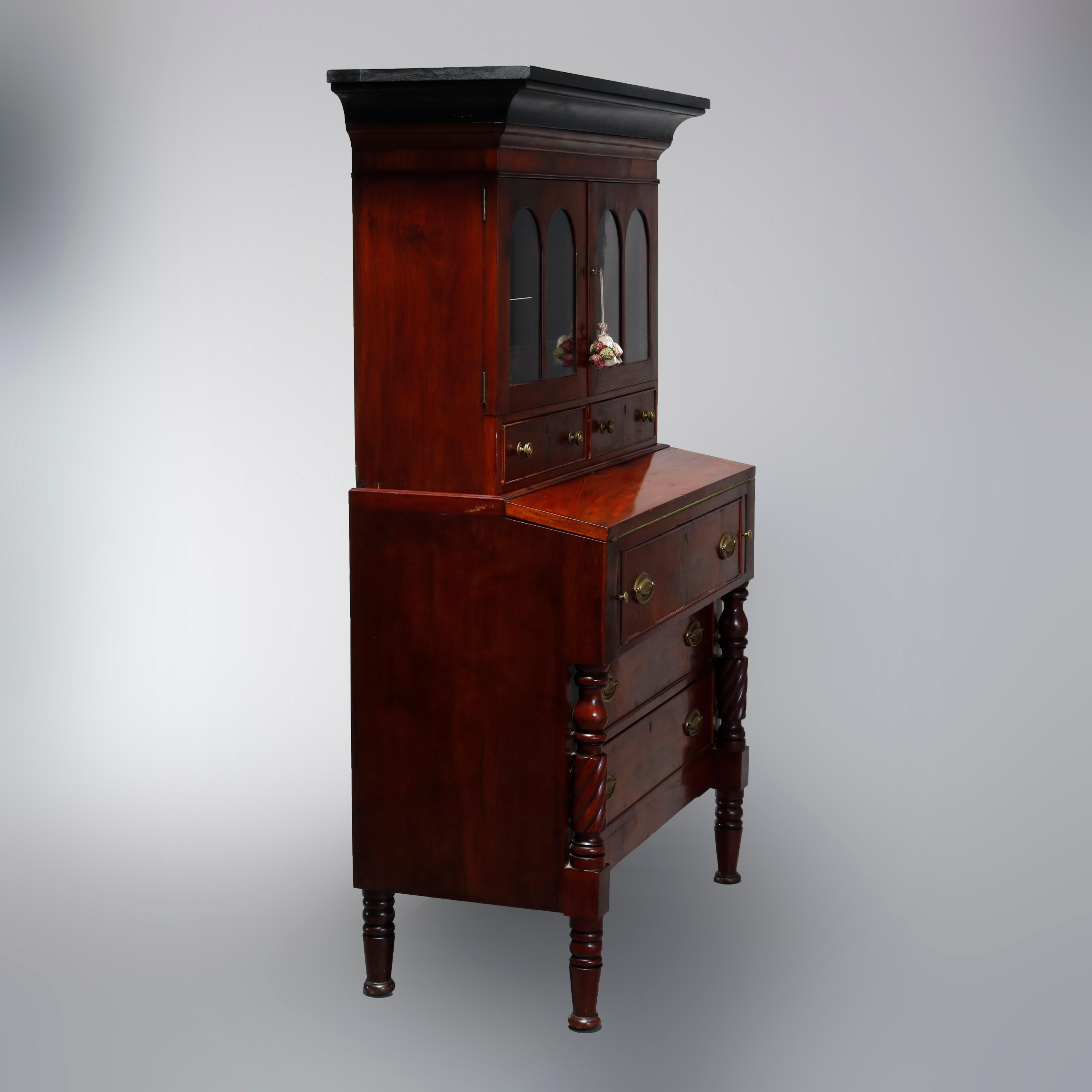 Antique Sheraton Flame Mahogany Step Back Secretary Desk, Circa 1830 8