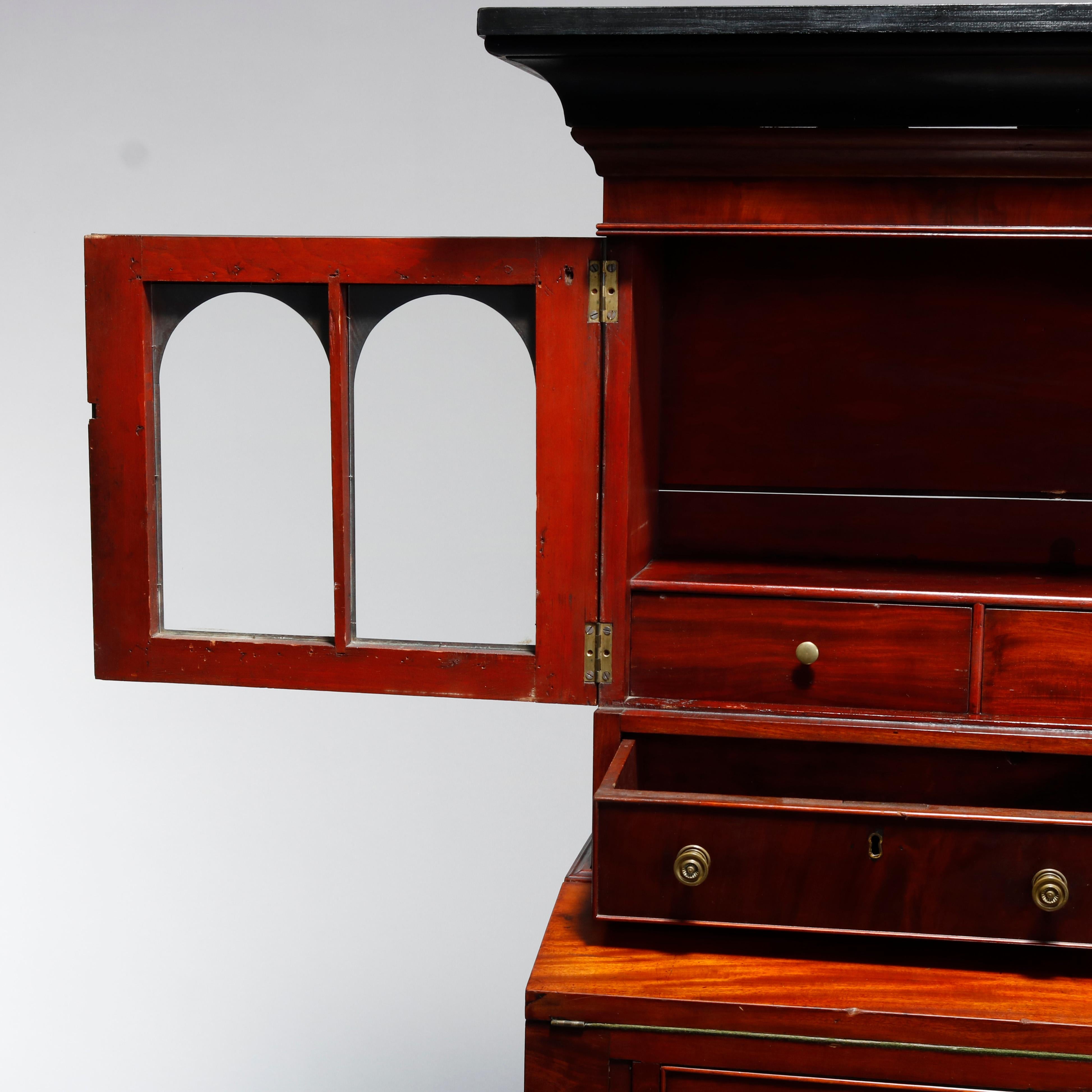 American Antique Sheraton Flame Mahogany Step Back Secretary Desk, Circa 1830
