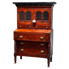 Antique Sheraton Flame Mahogany Step Back Secretary Desk, Circa 1830