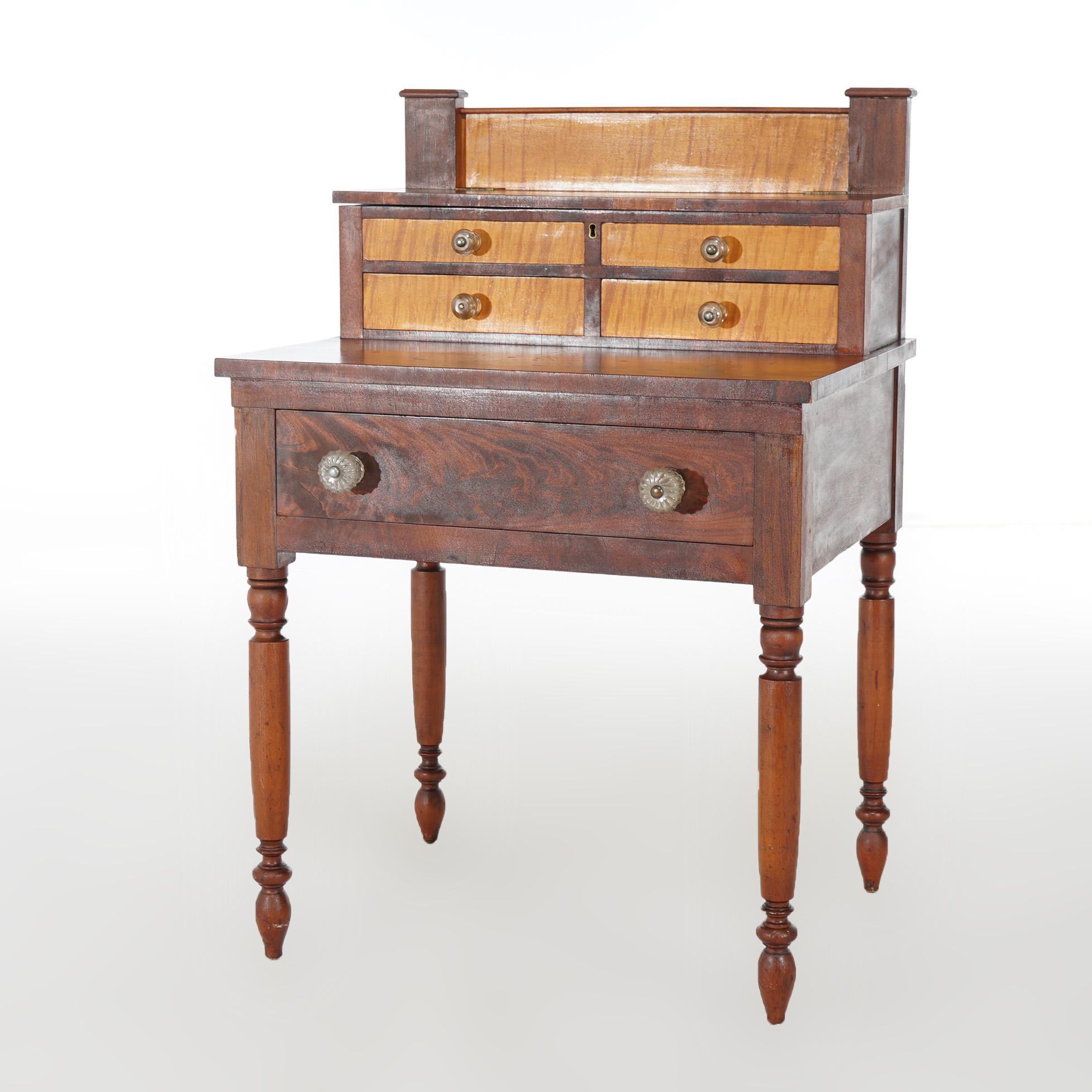 Antique Sheraton Flame Mahogany & Tiger Maple Sewing Stand c1840 In Good Condition In Big Flats, NY