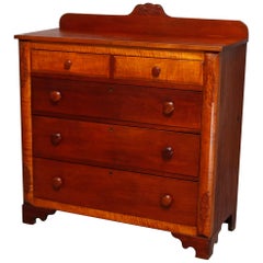 Antique Sheraton Floral Carved Tiger Maple High Chest of Drawers, circa 1830