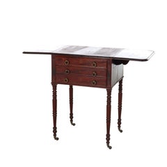 Antique Sheraton Mahogany 3-Drawer Drop Leaf Sewing Stand C1880