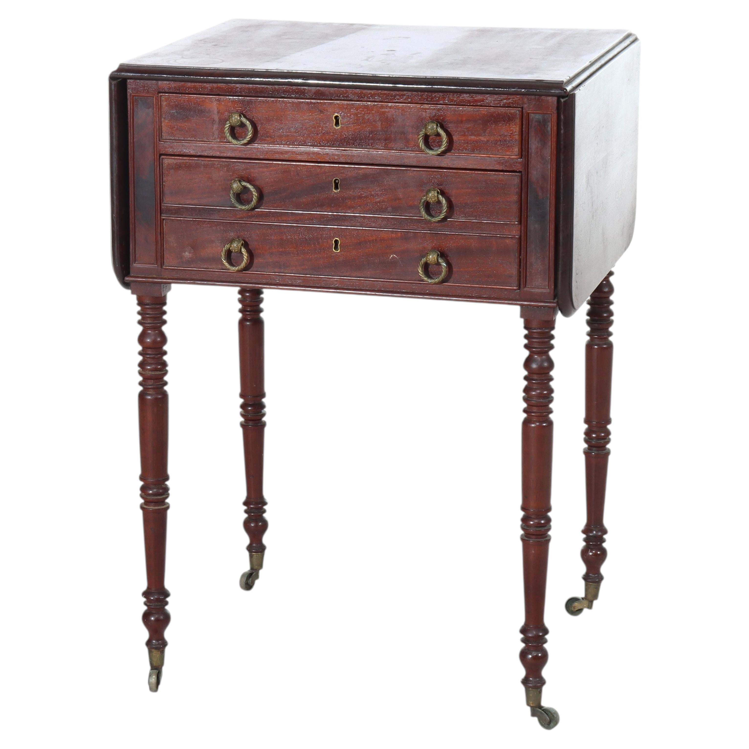 Antique Sheraton Mahogany 3-Drawer Drop Leaf Sewing Stand C1880