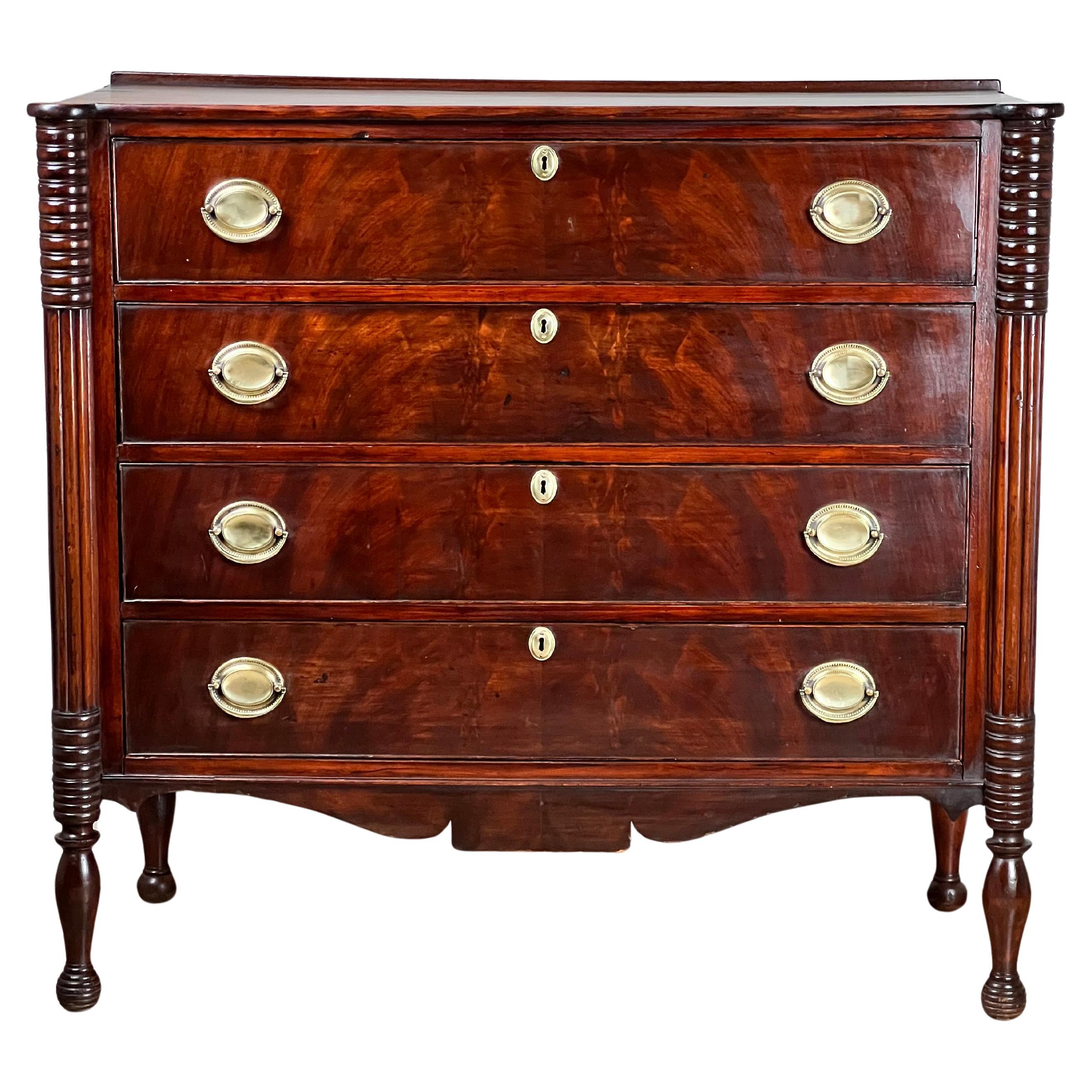 Antique Sheraton Mahogany Cookie Corner Four Drawer Chest c. Mid 19th Century For Sale