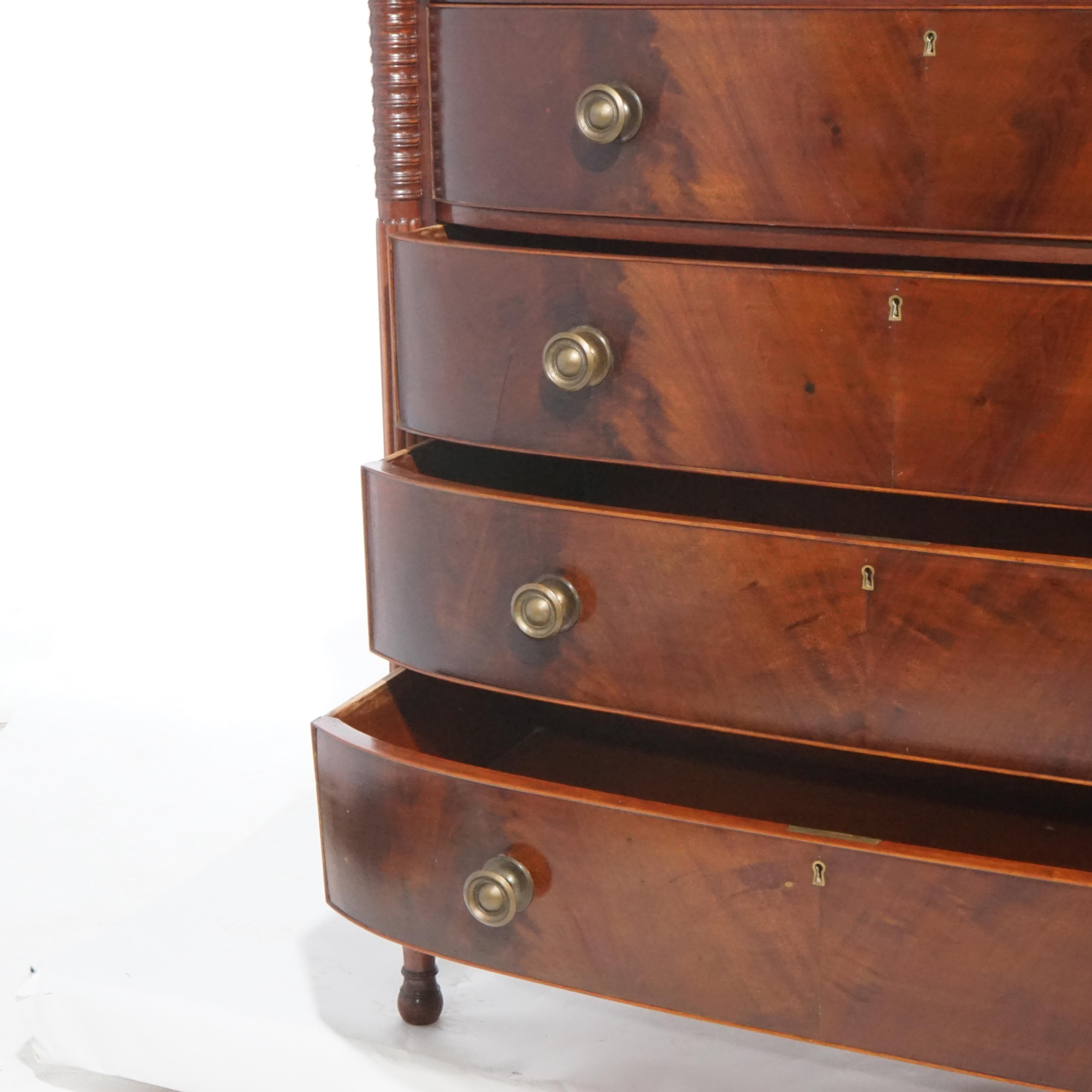 Antique Sheraton Mahogany & Flame Mahogany Swell Front & Reeded Leg Chest, c1820 5